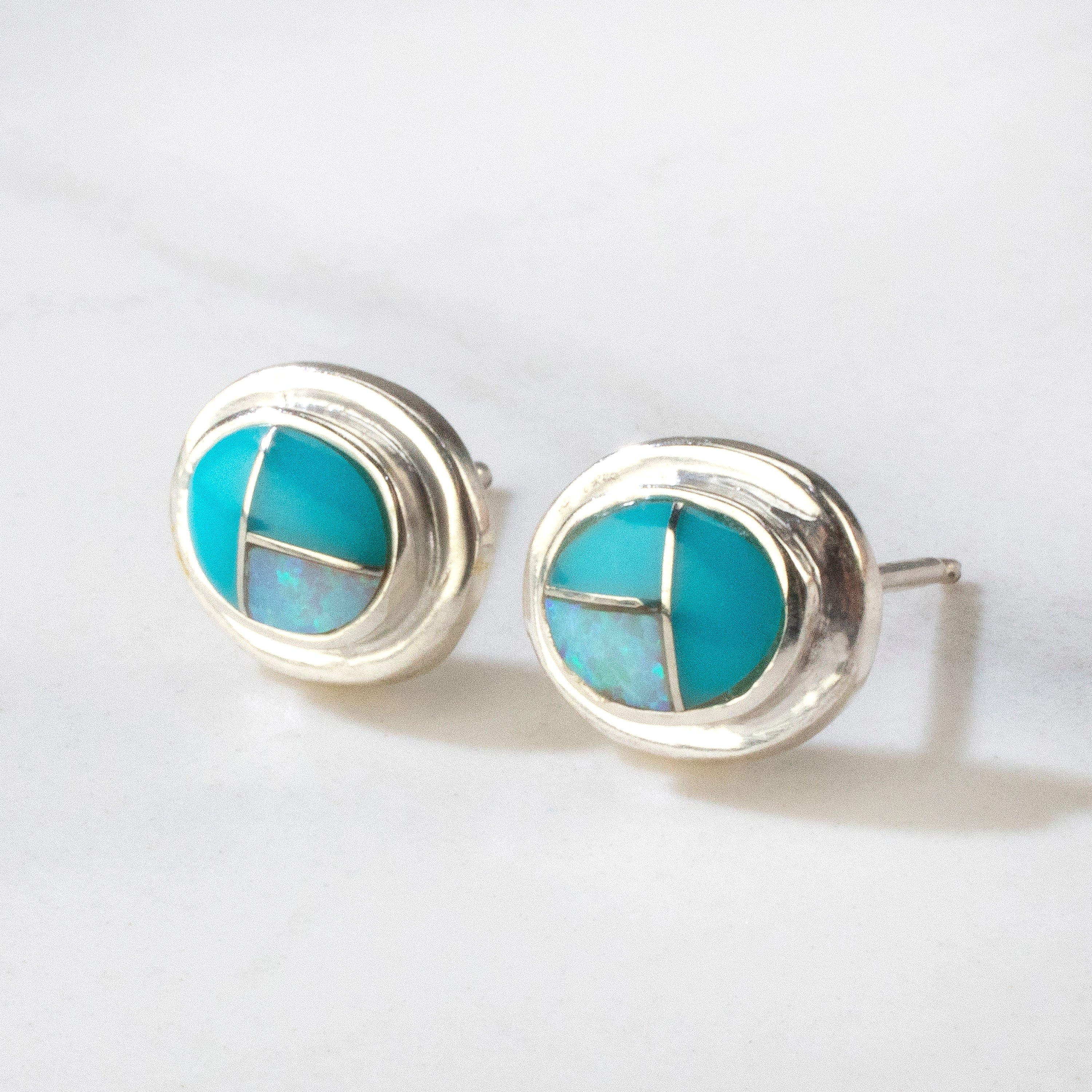 Kalifano Southwest Silver Jewelry Turquoise Oval USA Handmade 925 Sterling Silver Earring with Stud Backing & Opal Accent NME.0381.TQ