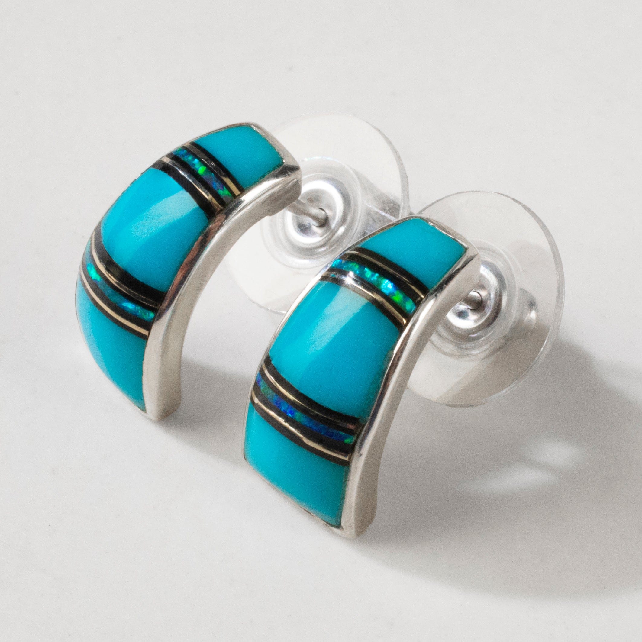 Kalifano Southwest Silver Jewelry Turquoise Semi Hoop Earrings Handmade with Sterling Silver and Opal Accent NME.1096.TQ