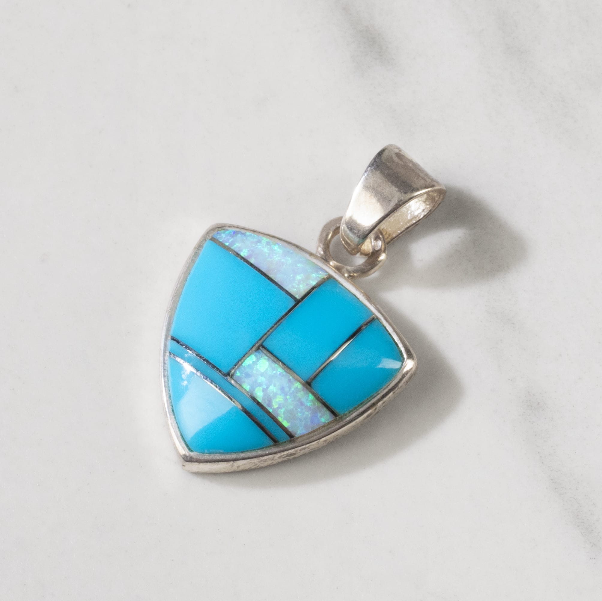 Kalifano Southwest Silver Jewelry Turquoise Shield 925 Sterling Silver USA Handmade Pendant with Opal Accent NMN.2242.TQ