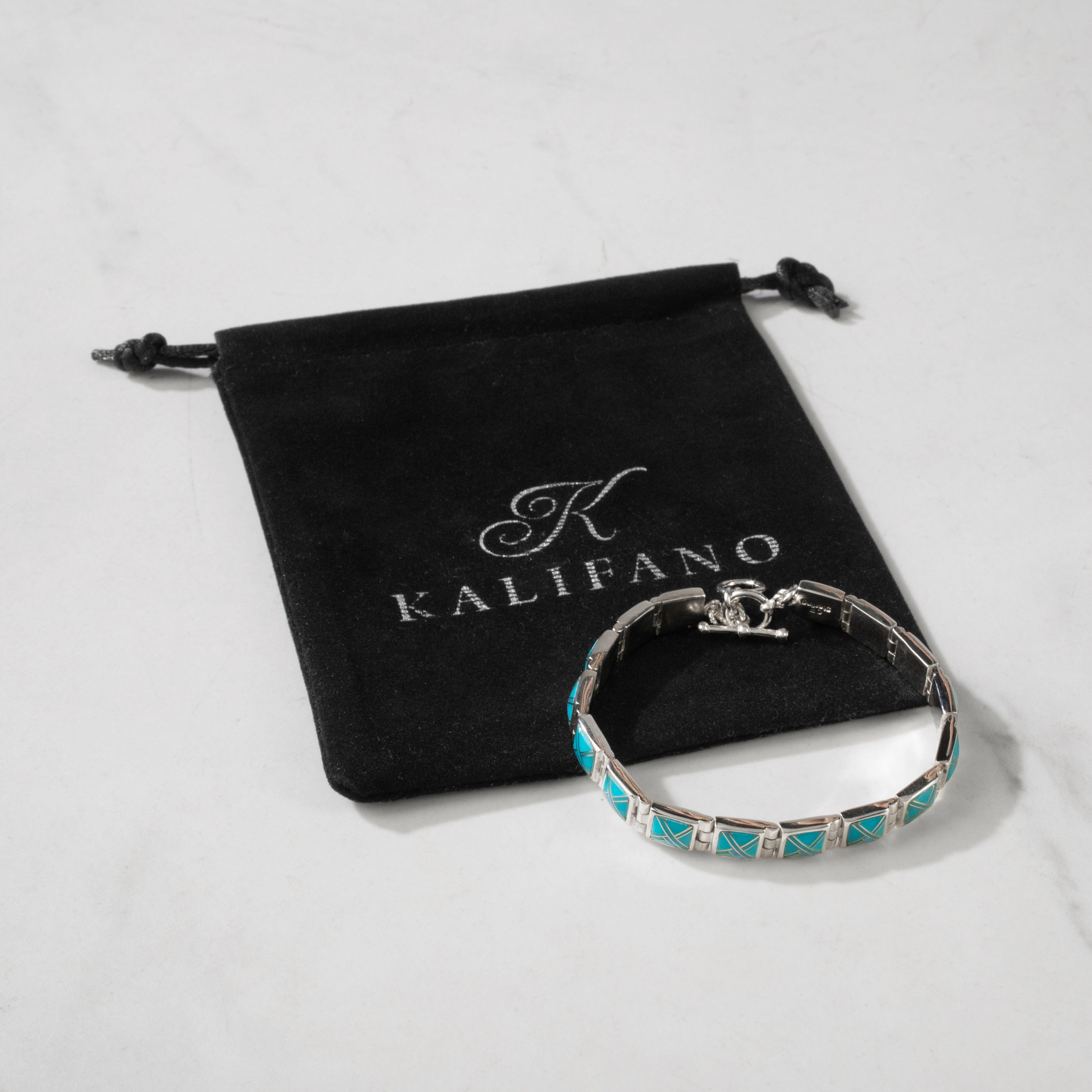 Kalifano Southwest Silver Jewelry Turquoise Square 925 Sterling Silver Bracelet USA Handmade with Opal Accent NMB.0245.TQ