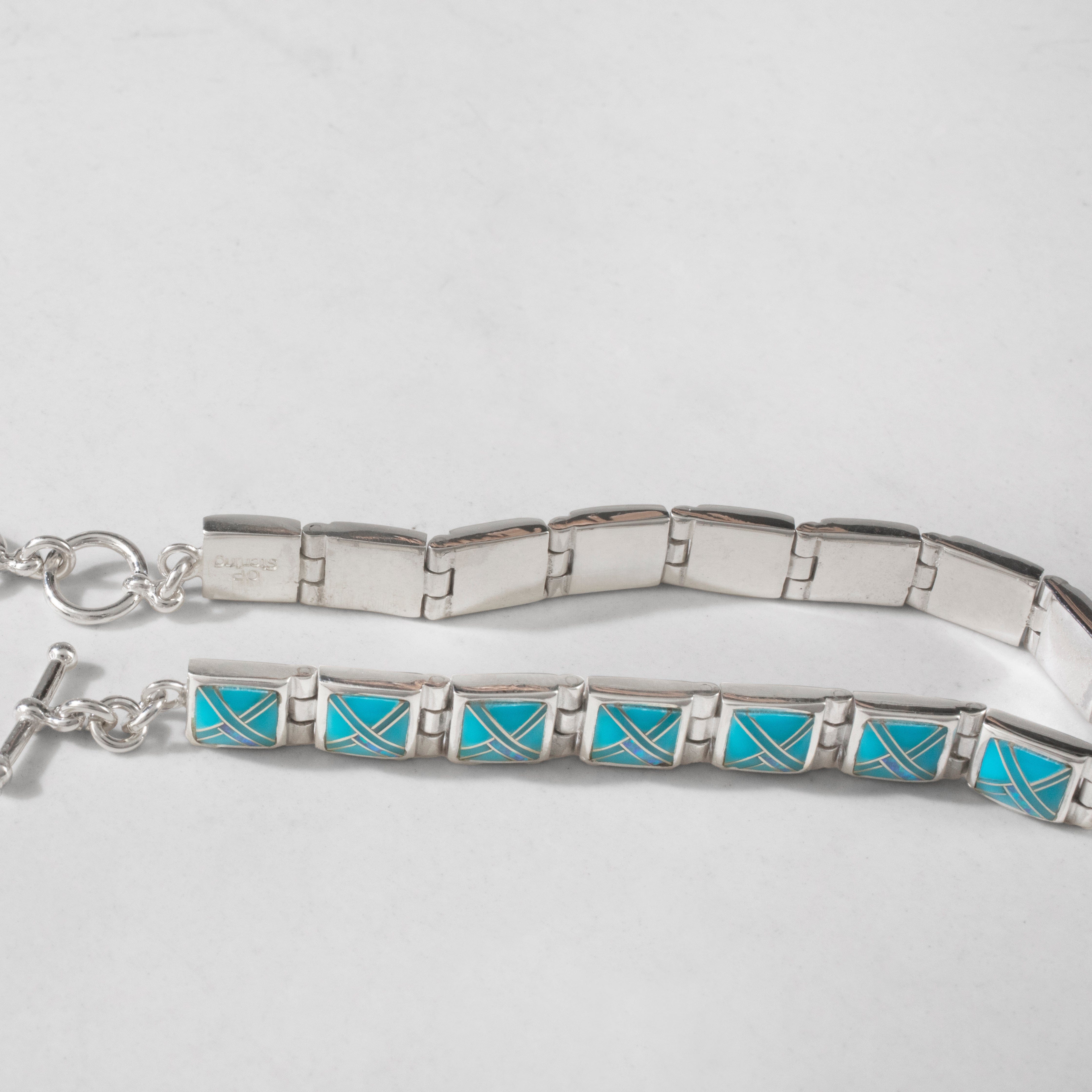 Kalifano Southwest Silver Jewelry Turquoise Square 925 Sterling Silver Bracelet USA Handmade with Opal Accent NMB.0245.TQ