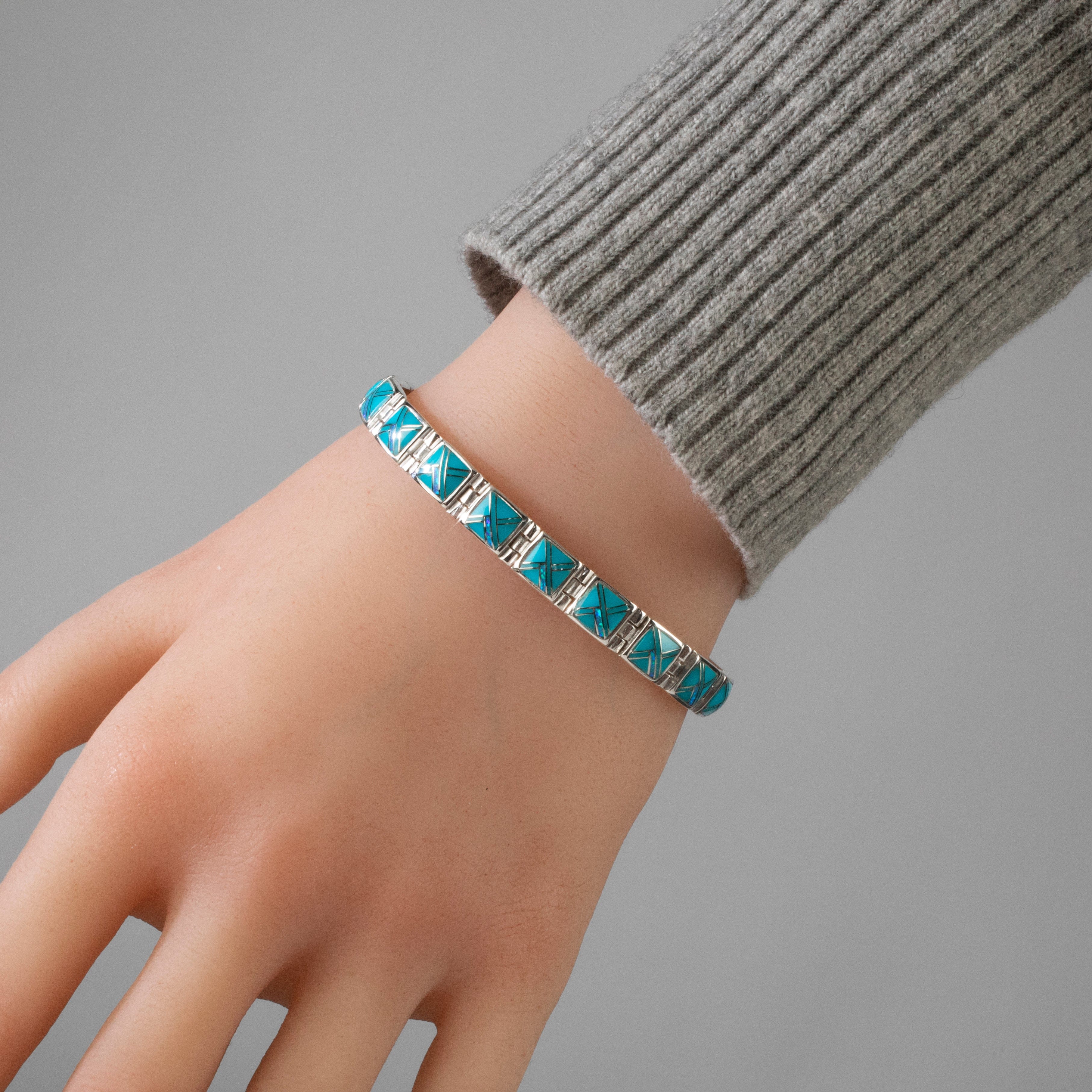 Kalifano Southwest Silver Jewelry Turquoise Square 925 Sterling Silver Bracelet USA Handmade with Opal Accent NMB.0245.TQ
