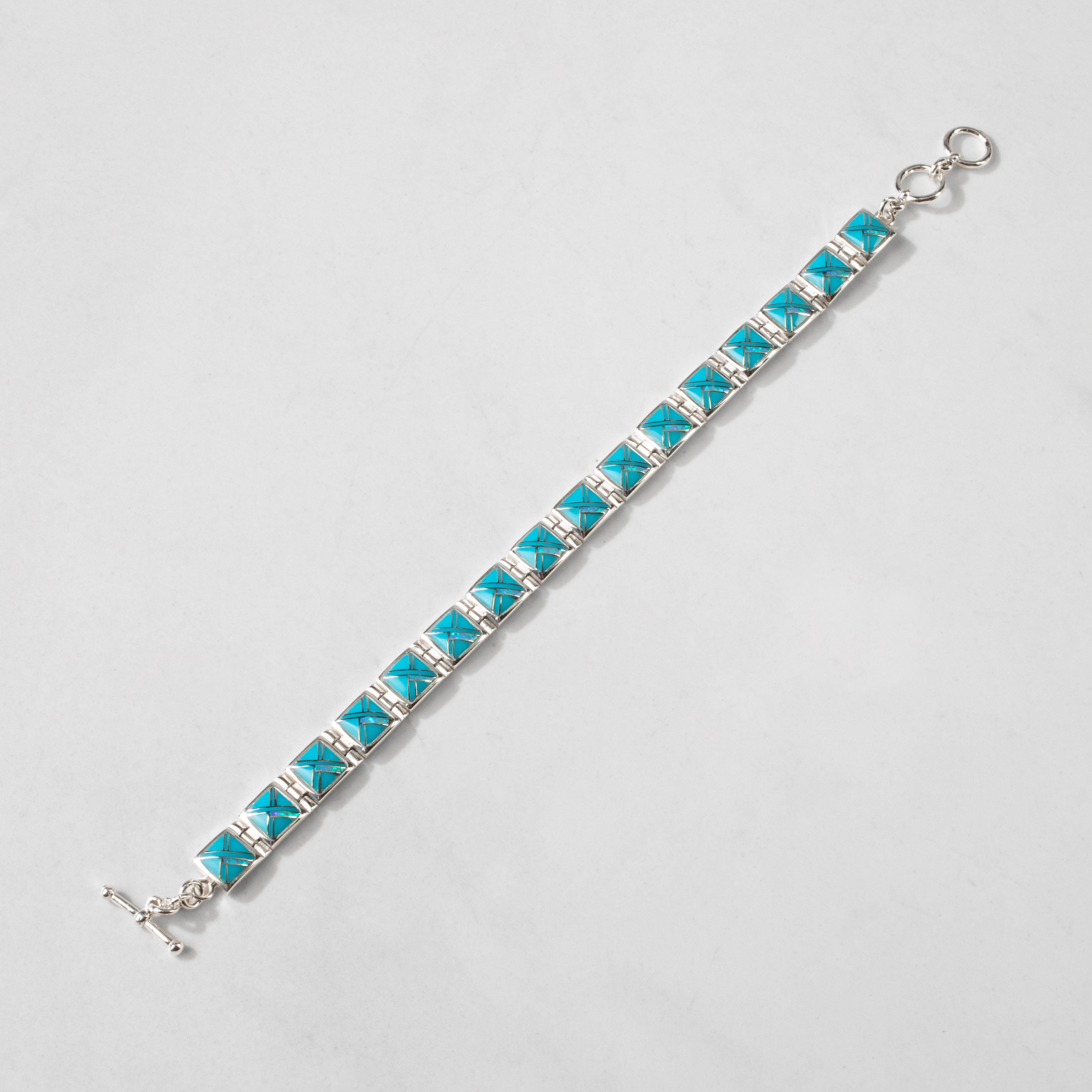 Kalifano Southwest Silver Jewelry Turquoise Square 925 Sterling Silver Bracelet USA Handmade with Opal Accent NMB.0245.TQ