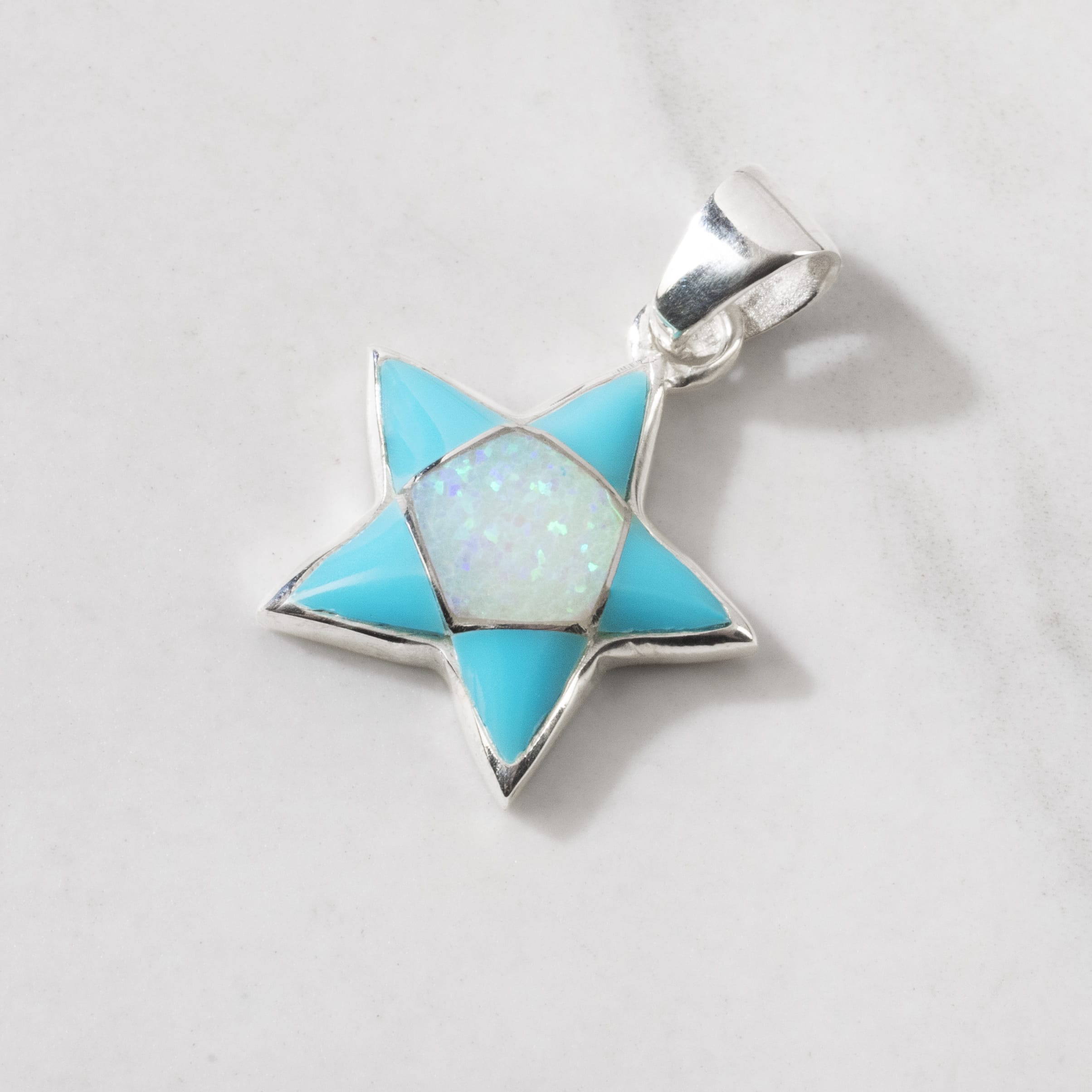 Kalifano Southwest Silver Jewelry Turquoise Star 925 Sterling Silver Pendant USA Handmade with Opal Accent NMN.2243.TQ