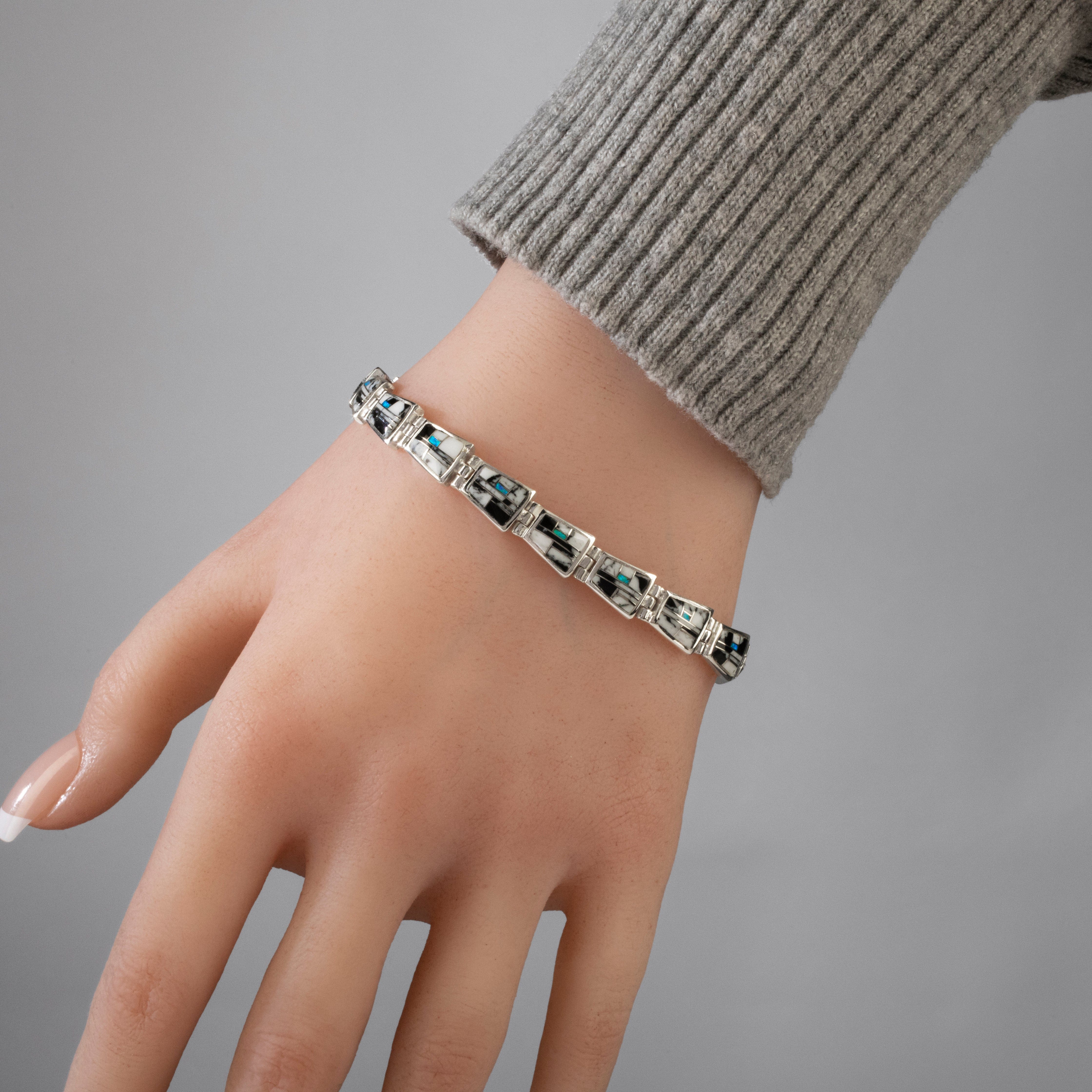 Kalifano Southwest Silver Jewelry White Buffalo 925 Sterling Silver USA Handmade Bracelet with Opal Accent NMB.0240.WB