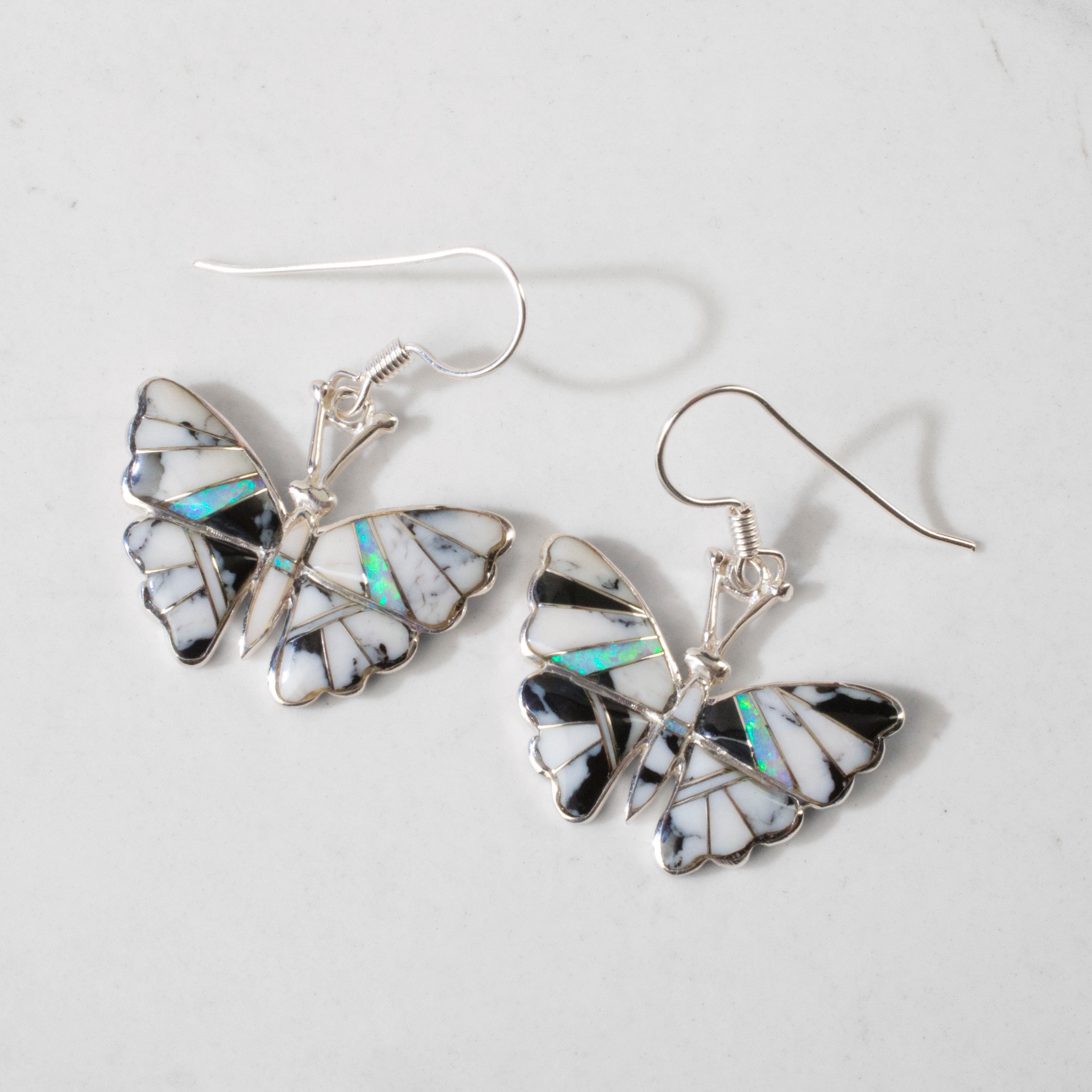 Kalifano Southwest Silver Jewelry White Buffalo Butterfly 925 Sterling Silver USA Handmade Earrings with French Hook NME.2336.WB