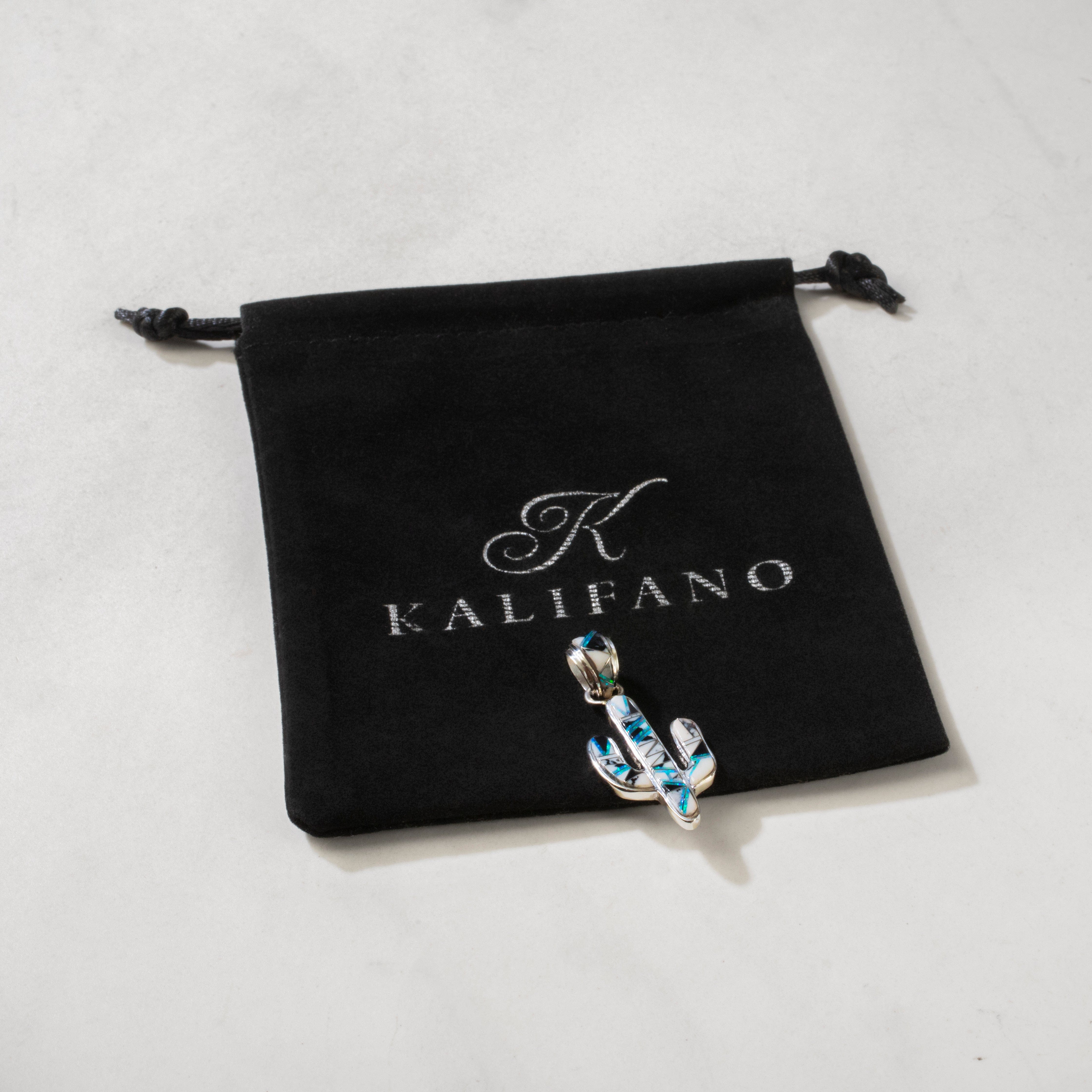 Kalifano Southwest Silver Jewelry White Buffalo Cactus 925 Sterling Silver Pendant USA Handmade with Opal Accent NMN.0602.WB