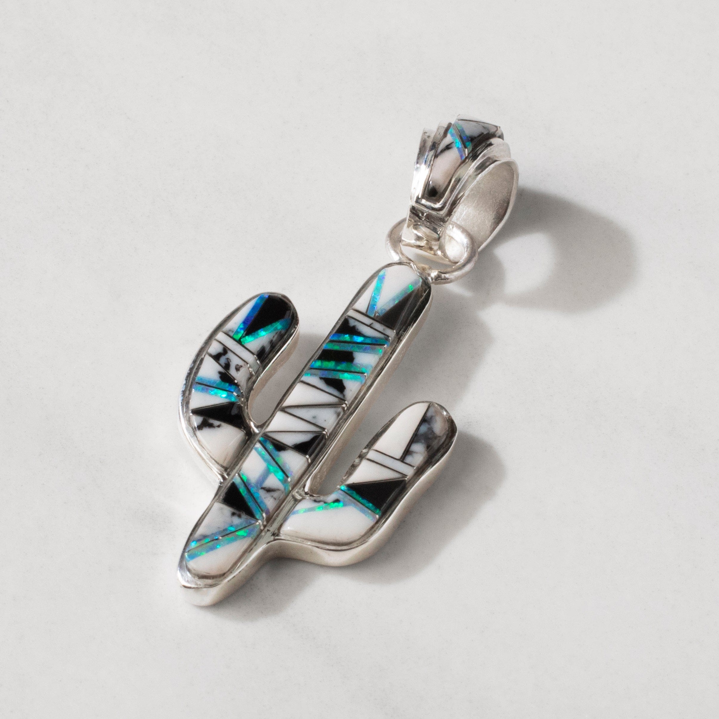 Kalifano Southwest Silver Jewelry White Buffalo Cactus 925 Sterling Silver Pendant USA Handmade with Opal Accent NMN.0602.WB