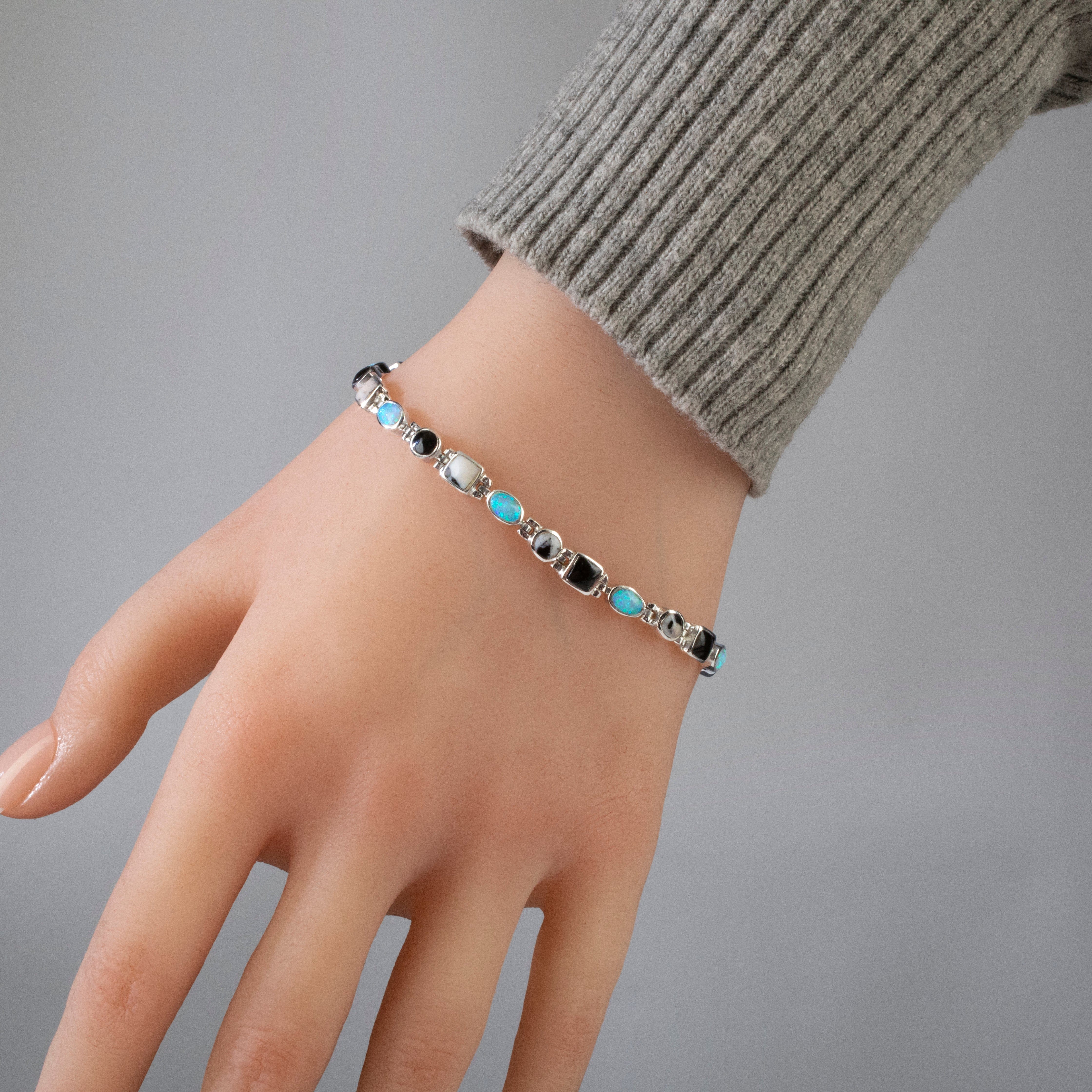 Kalifano Southwest Silver Jewelry White Buffalo Turquoise 925 Sterling Silver Bracelet USA Handmade with Opal Accent NMB.0548.WB