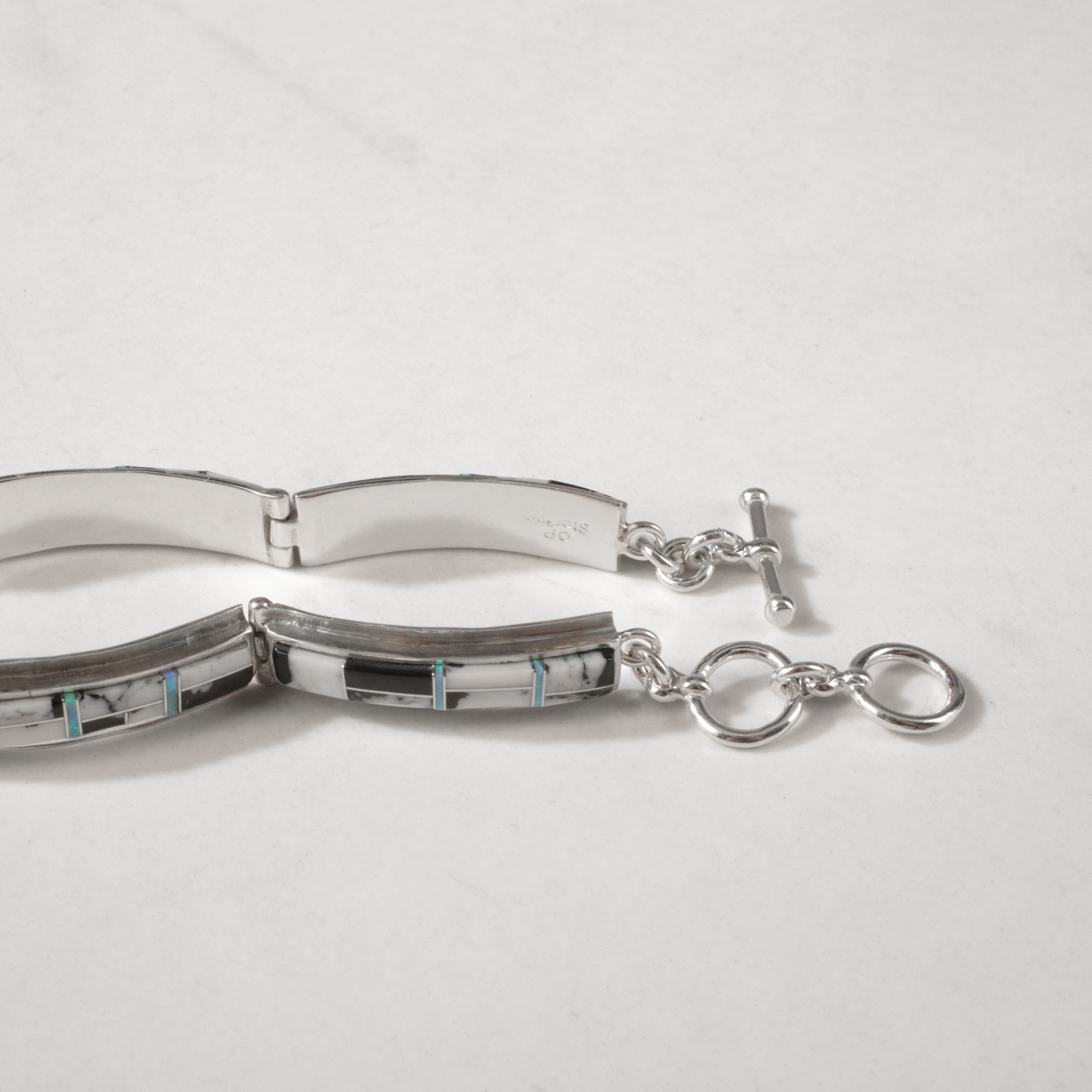 Kalifano Southwest Silver Jewelry White Buffalo Turquoise 925 Sterling Silver Bracelet USA Handmade with Opal Accent NMB.0556.WB
