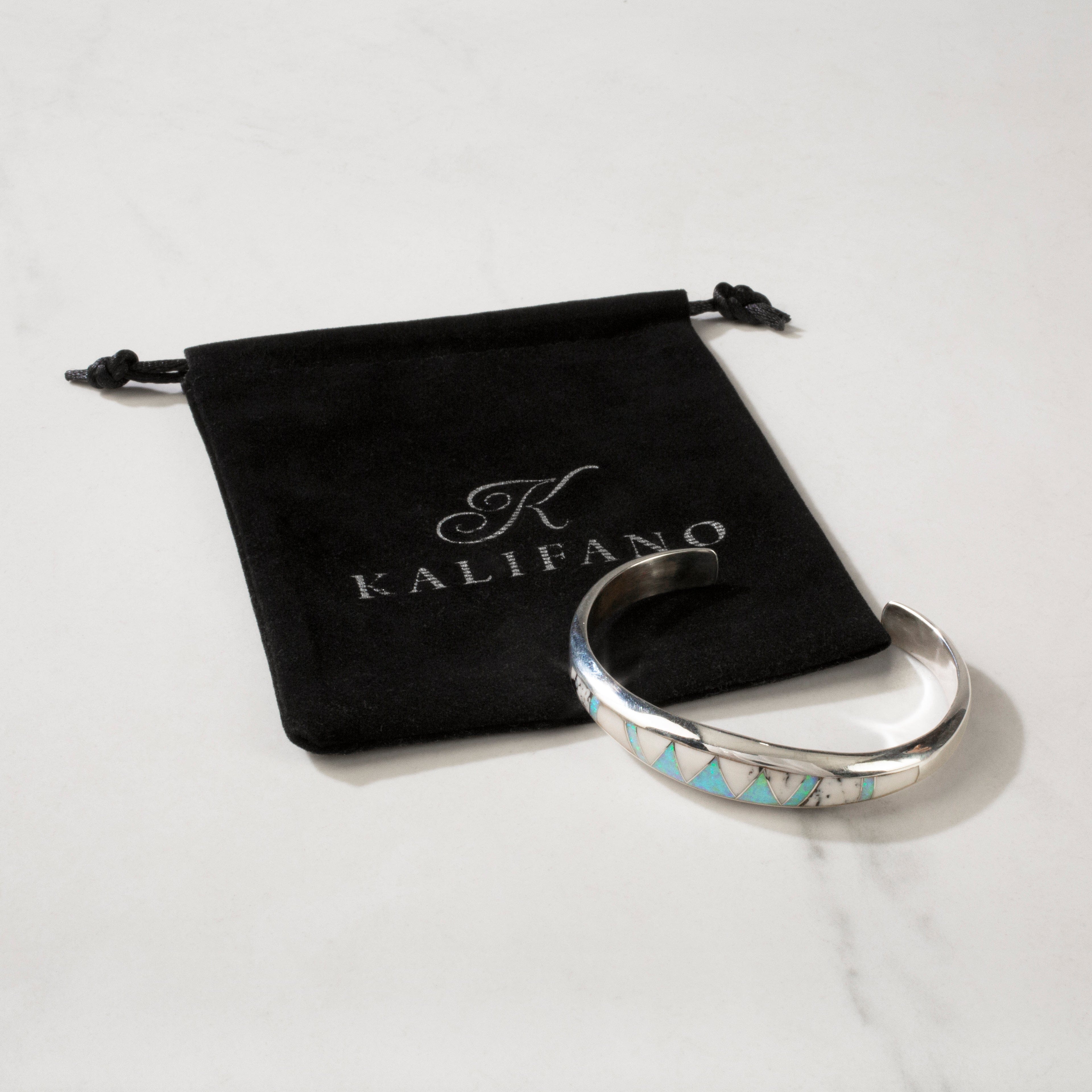 Kalifano Southwest Silver Jewelry White Buffalo Turquoise 925 Sterling Silver Bracelet USA Handmade with Opal Accent NMB.0758L.WB