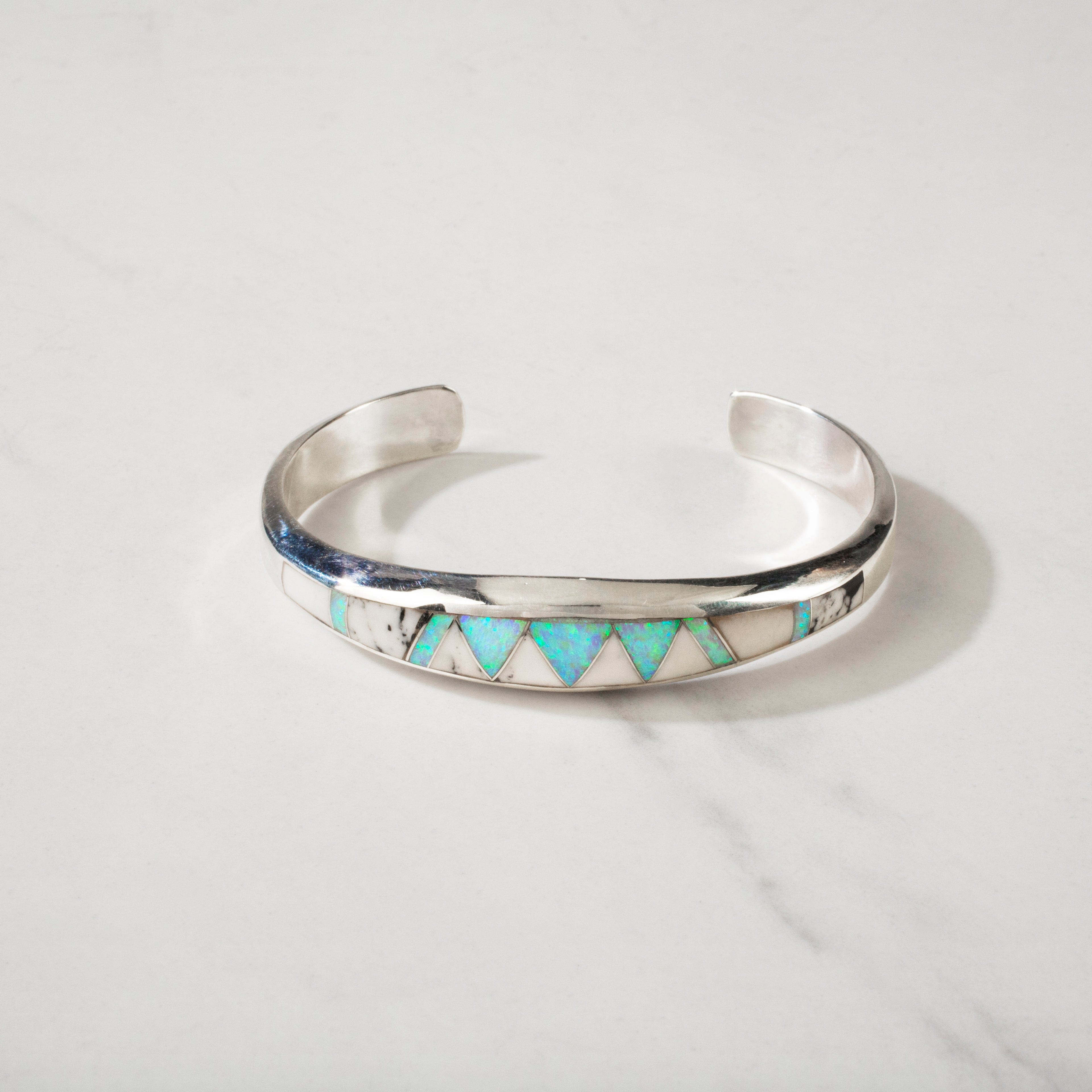 Kalifano Southwest Silver Jewelry White Buffalo Turquoise 925 Sterling Silver Bracelet USA Handmade with Opal Accent NMB.0758L.WB