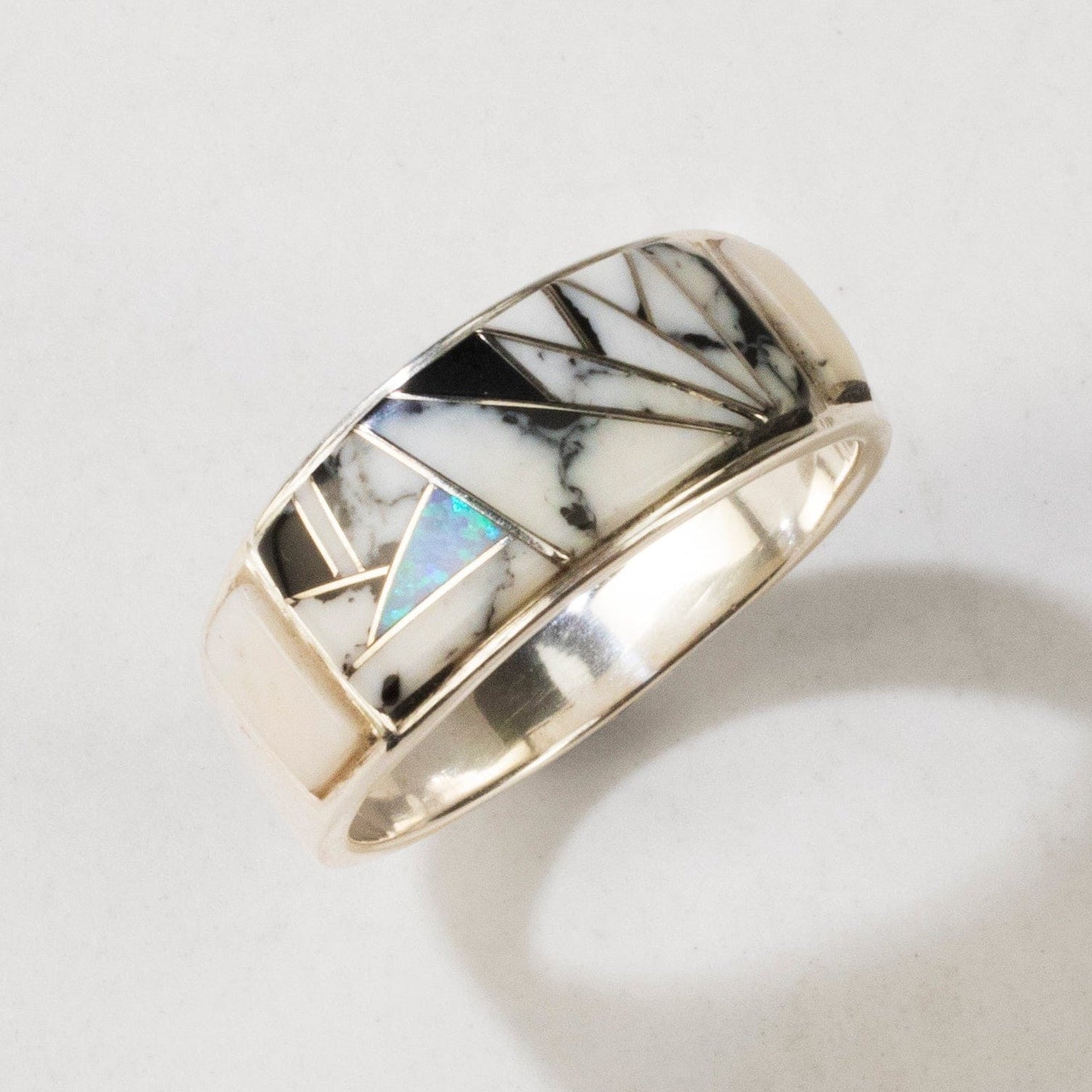 Kalifano Southwest Silver Jewelry White Buffalo Turquoise 925 Sterling Silver Ring USA Handmade with Laboratory Opal Accent