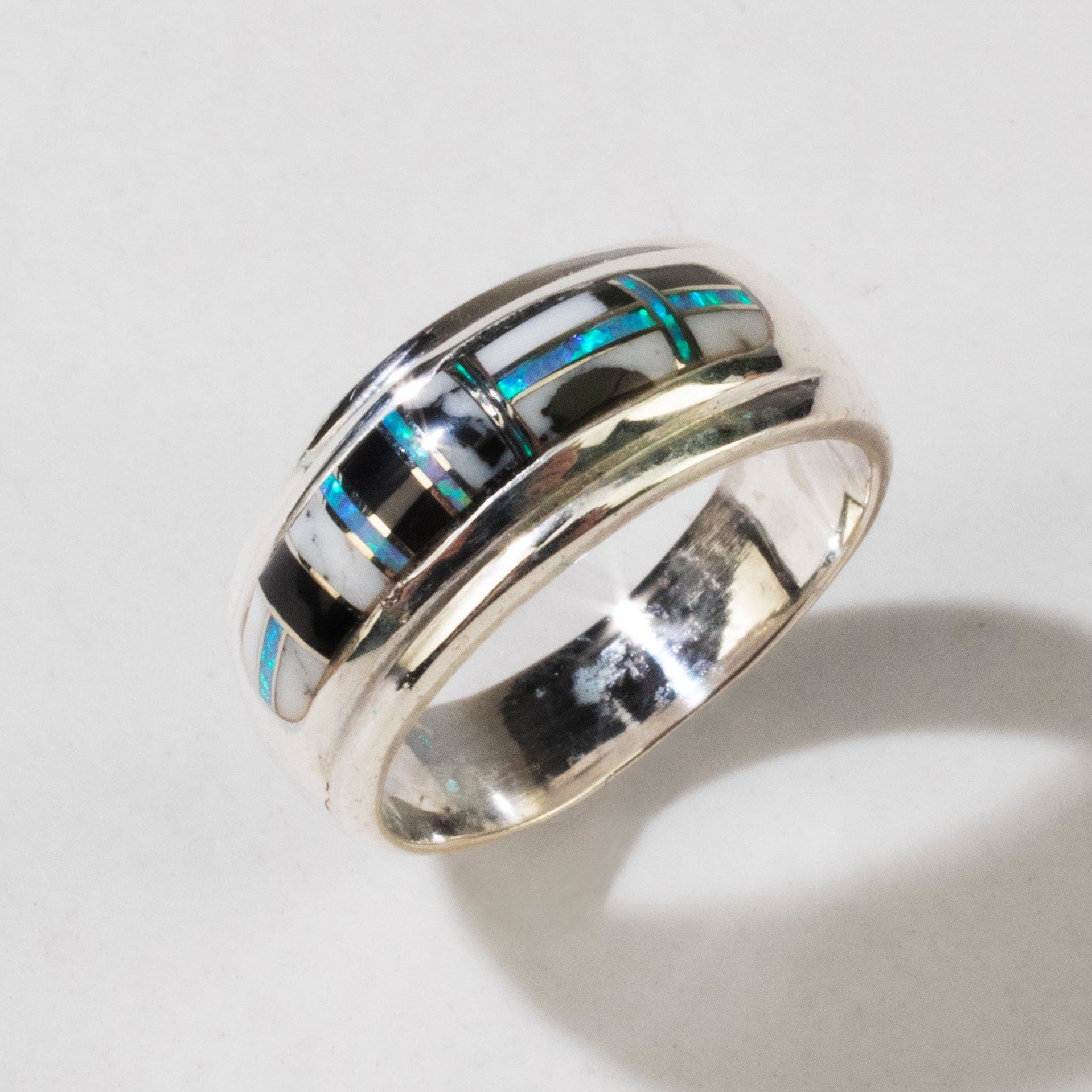 Kalifano Southwest Silver Jewelry White Buffalo Turquoise 925 Sterling Silver Ring USA Handmade with Laboratory Opal Accent