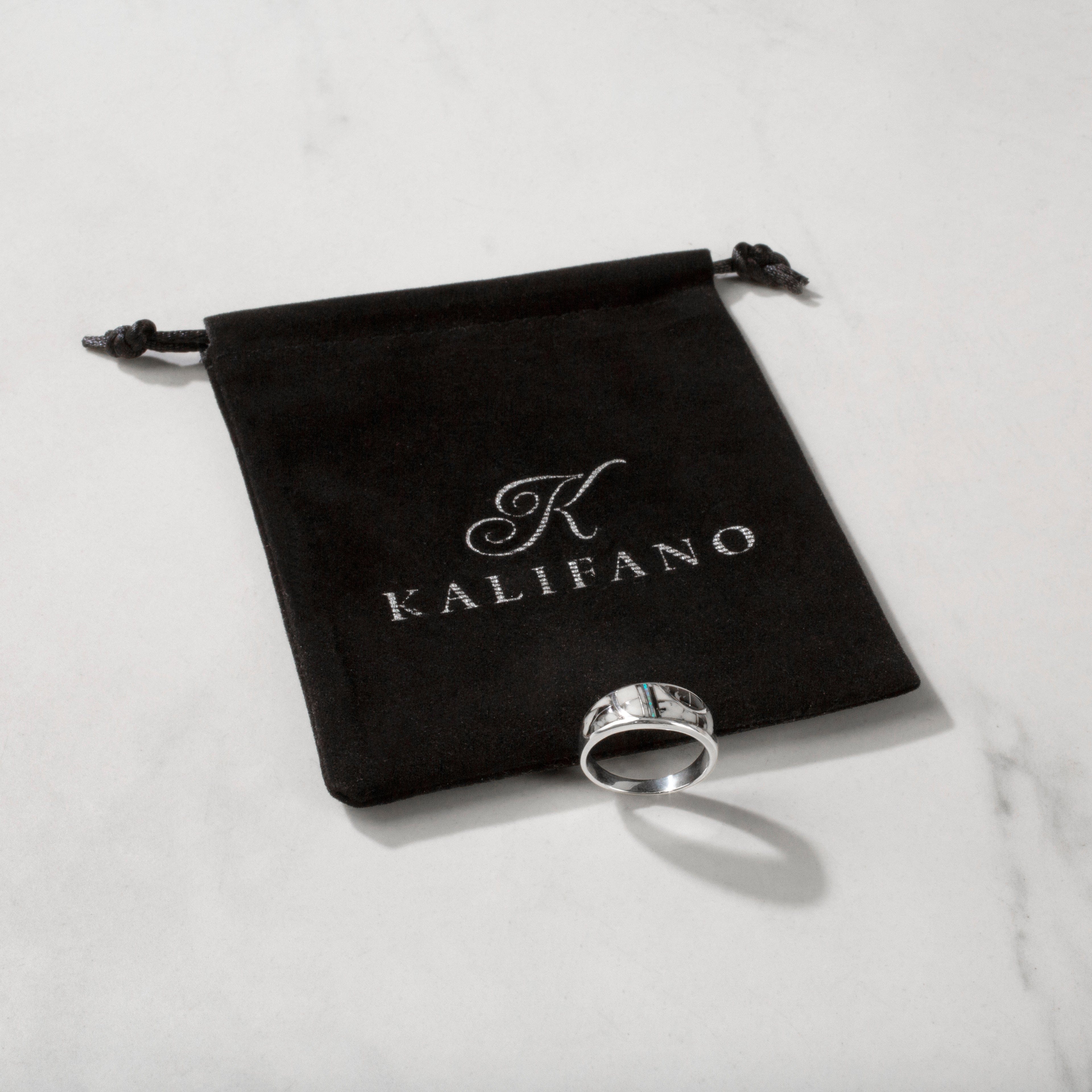 Kalifano Southwest Silver Jewelry White Buffalo Turquoise 925 Sterling Silver Ring USA Handmade with Laboratory Opal Accent