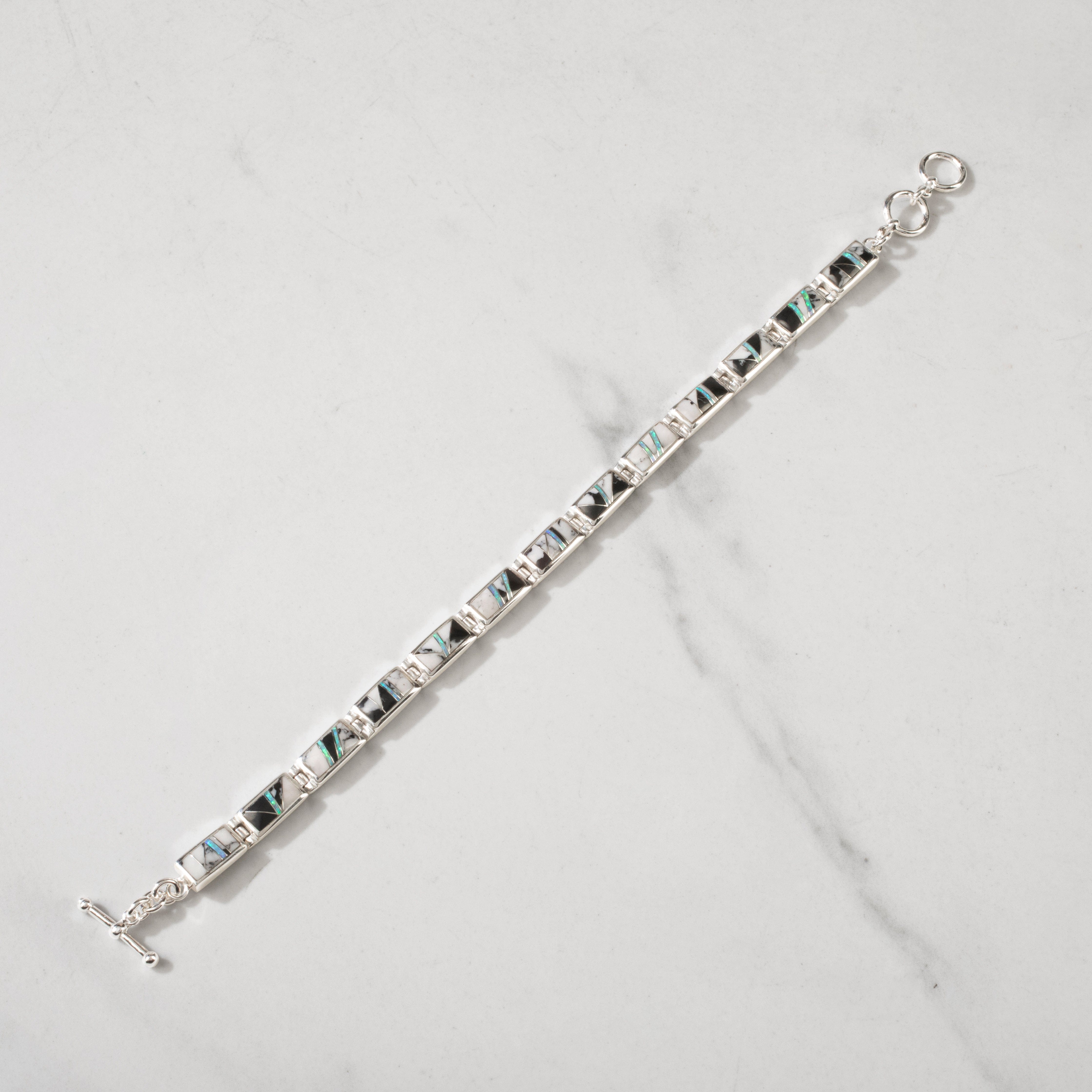 Kalifano Southwest Silver Jewelry White Buffalo Turquoise 925 Sterling Silver USA Handmade Bracelet with Opal Accent NMB.0229.WB