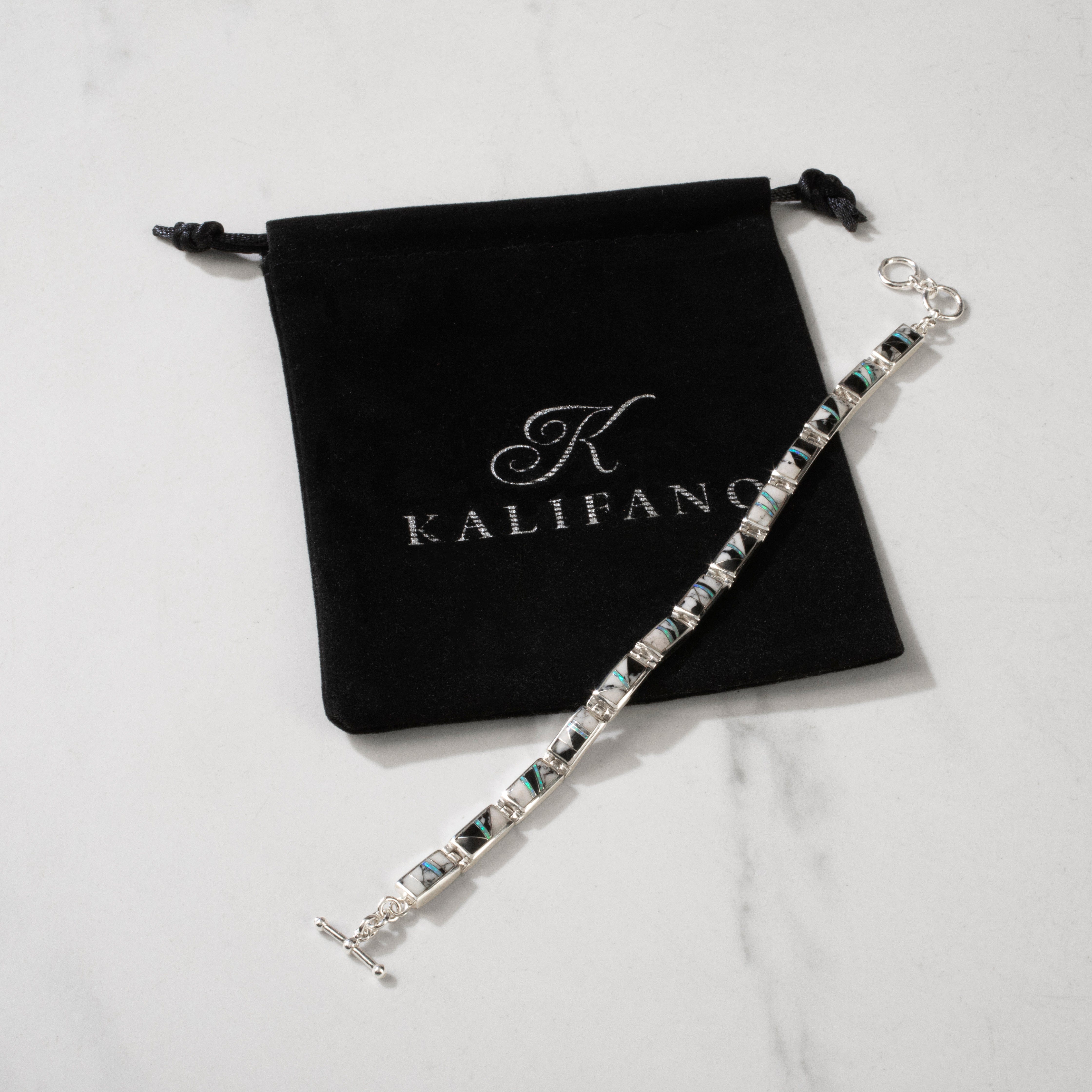 Kalifano Southwest Silver Jewelry White Buffalo Turquoise 925 Sterling Silver USA Handmade Bracelet with Opal Accent NMB.0229.WB