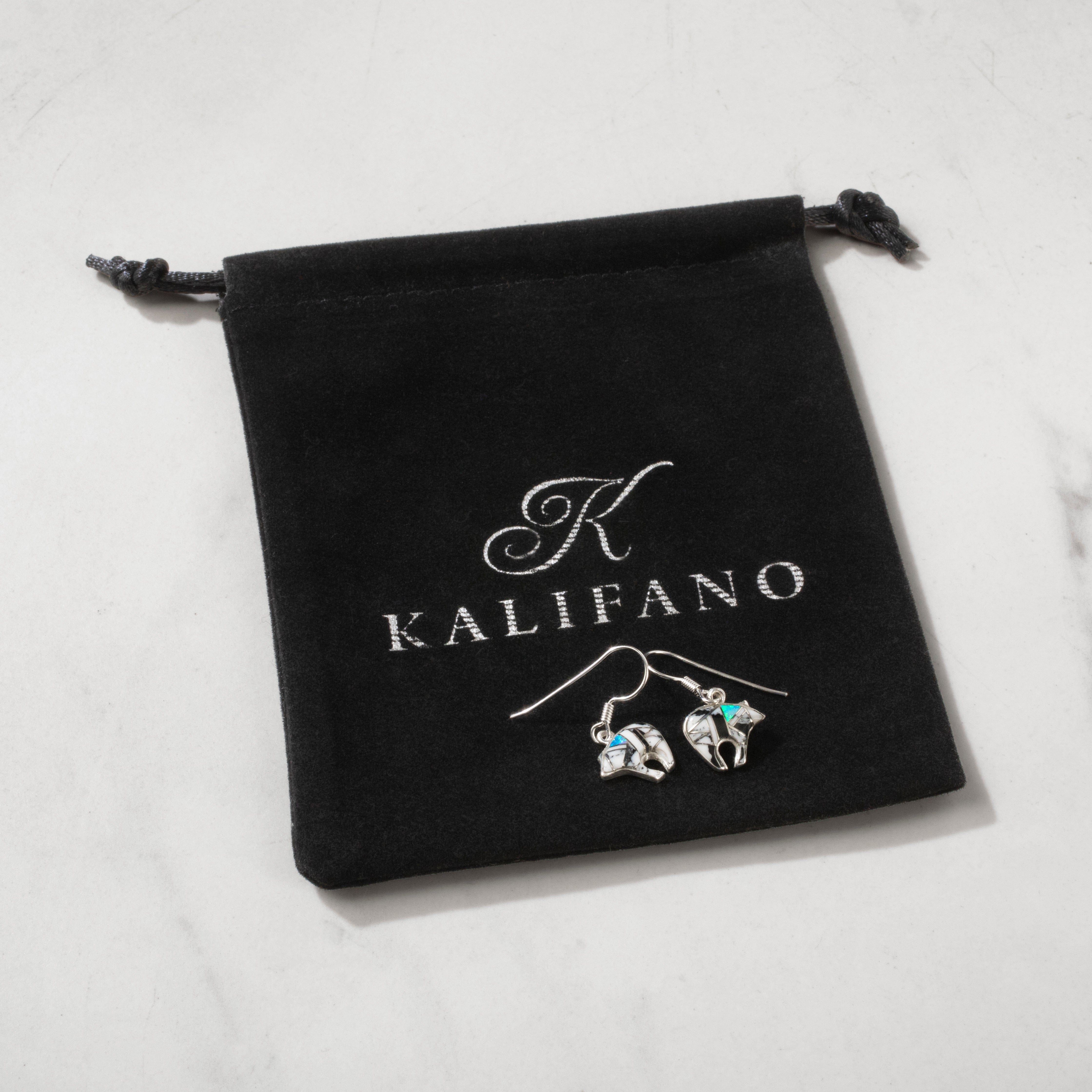 Kalifano Southwest Silver Jewelry White Buffalo Turquoise Bear 925 Sterling Silver USA Handmade Earring with French Hook NME.2116.WB