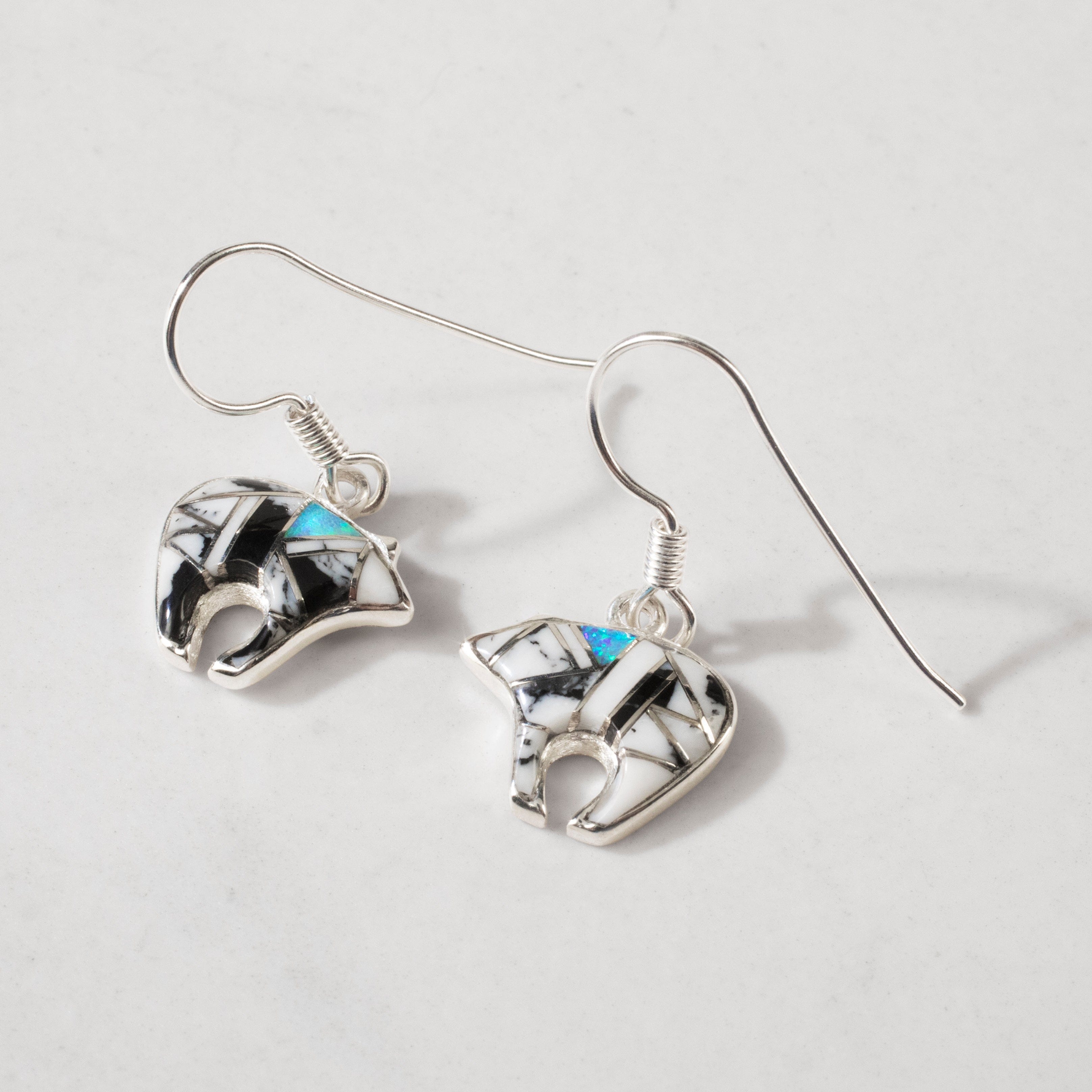 Kalifano Southwest Silver Jewelry White Buffalo Turquoise Bear 925 Sterling Silver USA Handmade Earring with French Hook NME.2116.WB