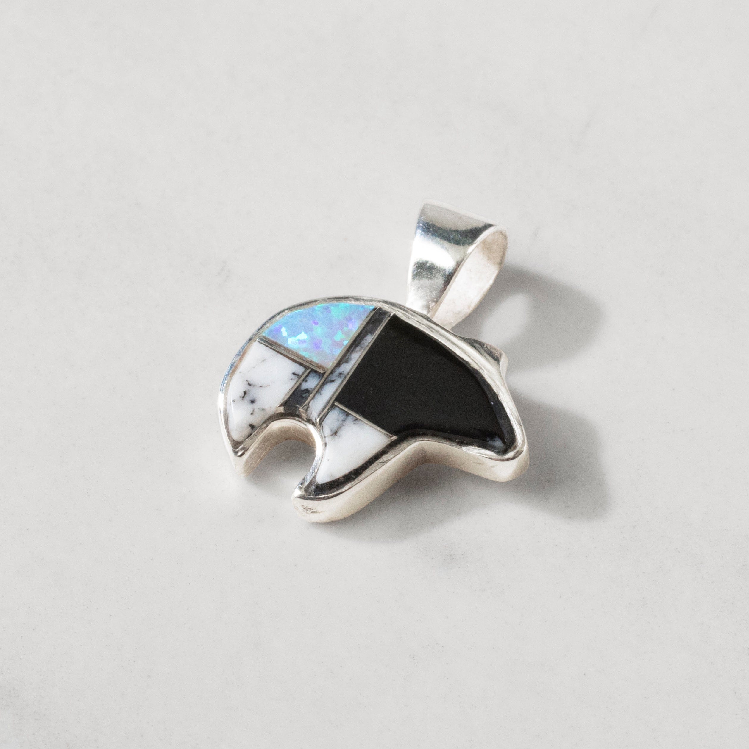 Kalifano Southwest Silver Jewelry White Buffalo Turquoise Bear 925 Sterling Silver USA Handmade Pendant NMN.0466.WB