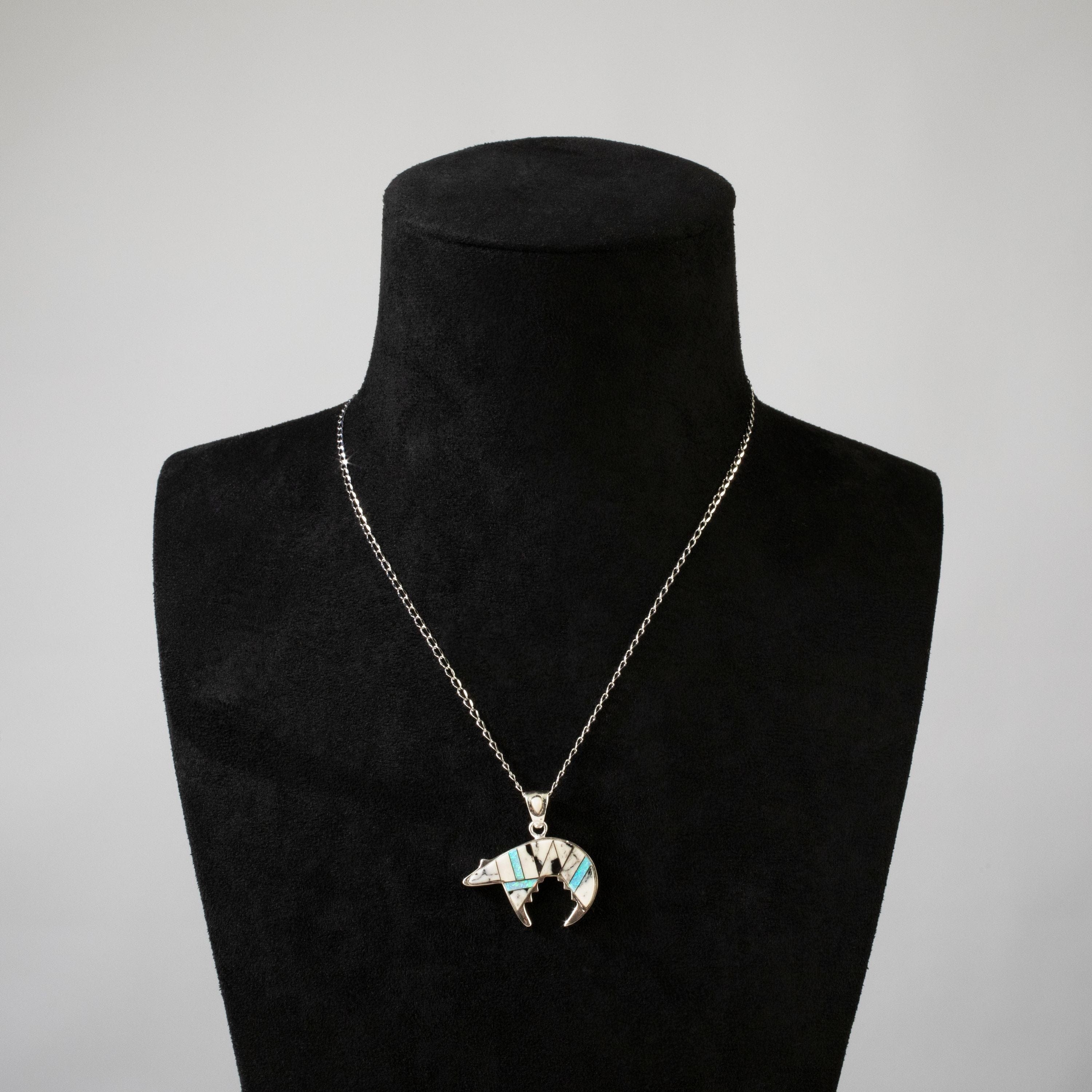 Kalifano Southwest Silver Jewelry White Buffalo Turquoise Bear 925 Sterling Silver USA Handmade Pendant with Opal Accent NMN.0755.WB