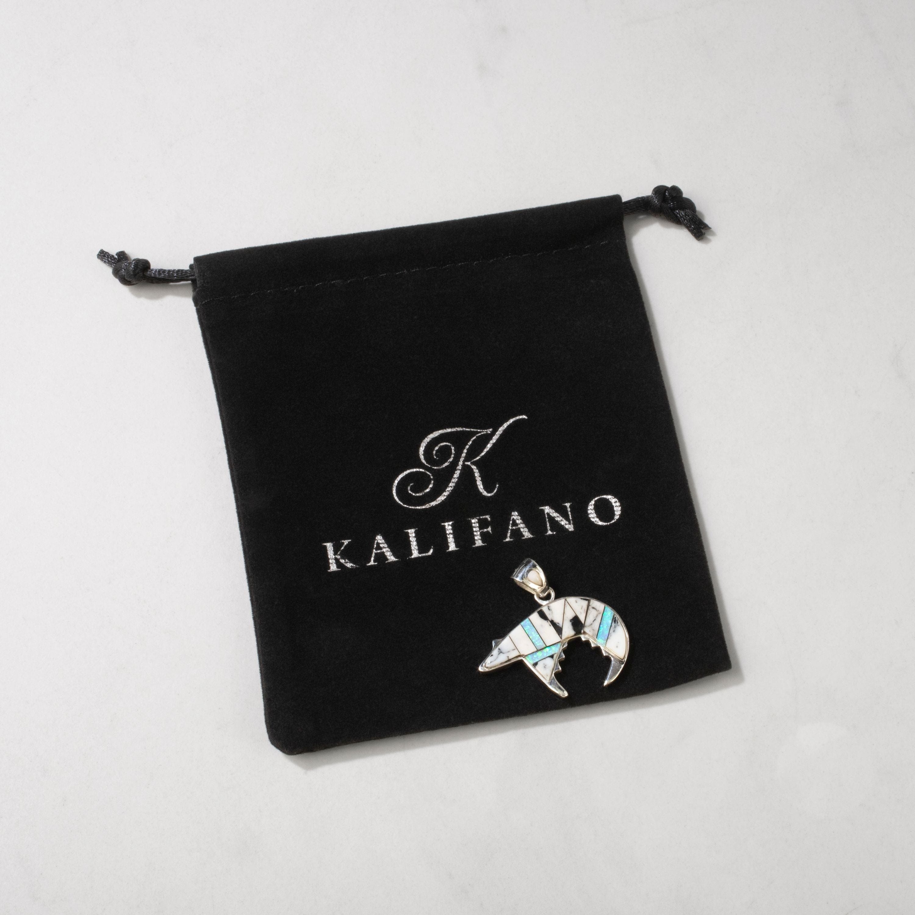 Kalifano Southwest Silver Jewelry White Buffalo Turquoise Bear 925 Sterling Silver USA Handmade Pendant with Opal Accent NMN.0755.WB
