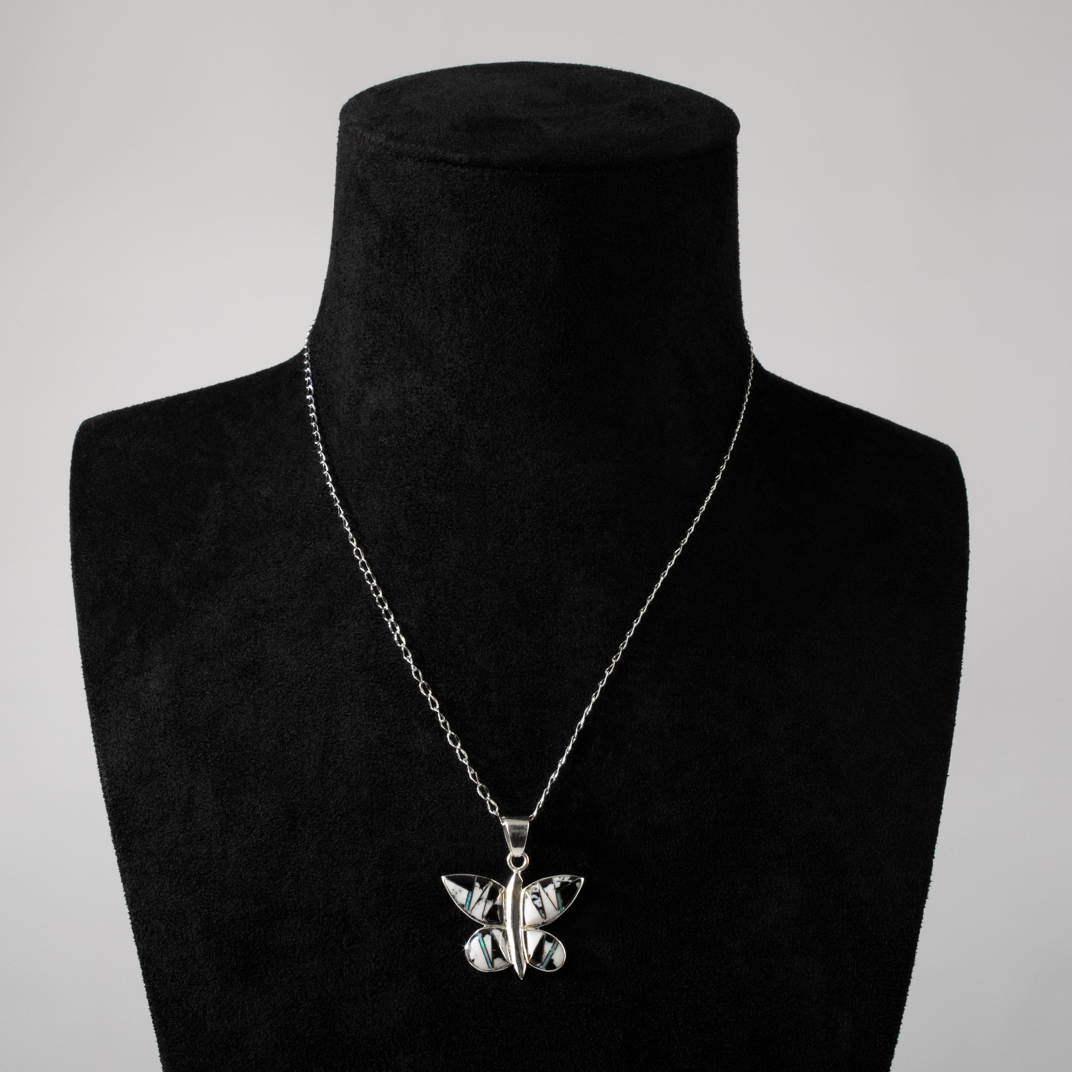 Kalifano Southwest Silver Jewelry White Buffalo Turquoise Butterfly 925 Sterling Silver USA Handmade Pendant with Opal Accent NMN.2171.WB