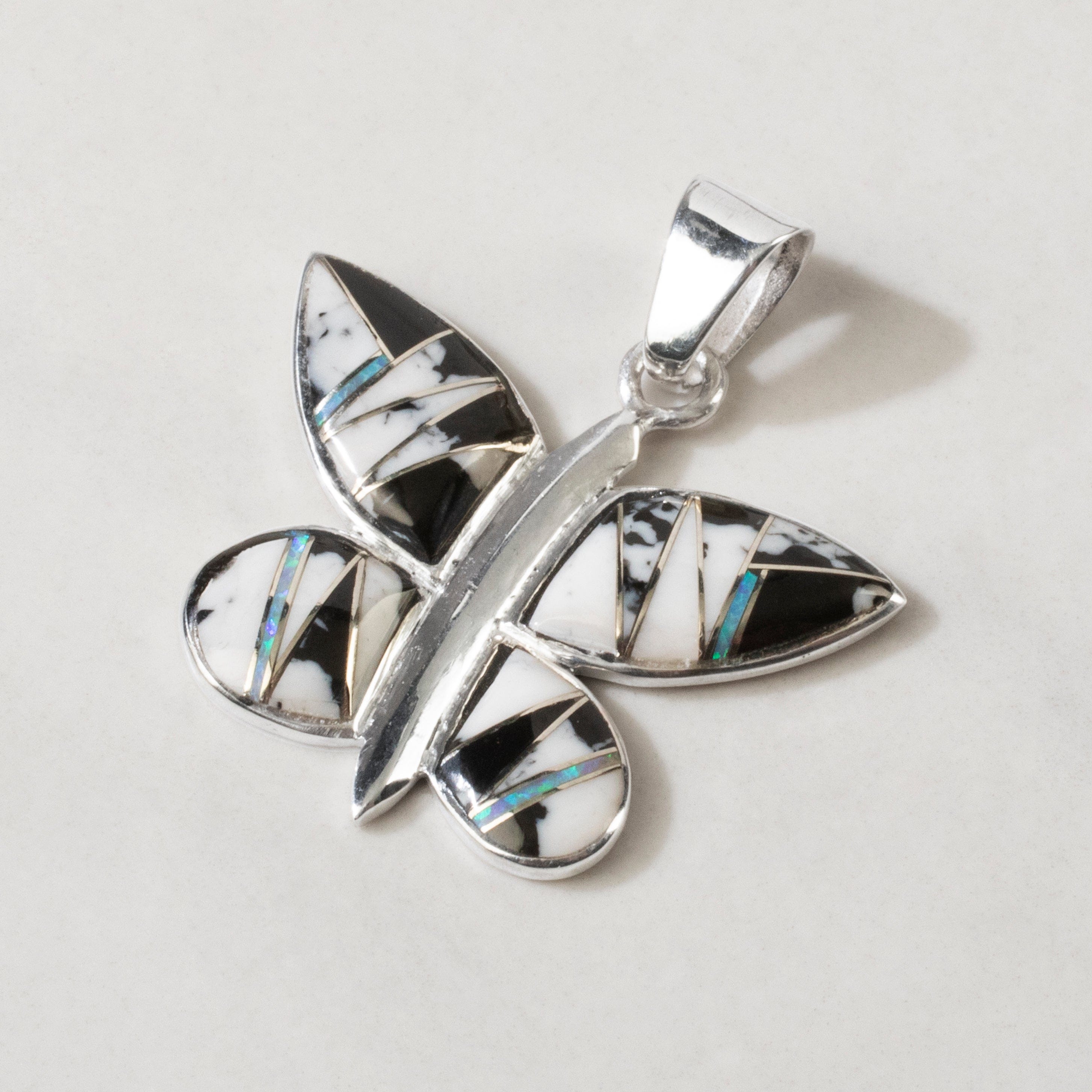 Kalifano Southwest Silver Jewelry White Buffalo Turquoise Butterfly 925 Sterling Silver USA Handmade Pendant with Opal Accent NMN.2171.WB