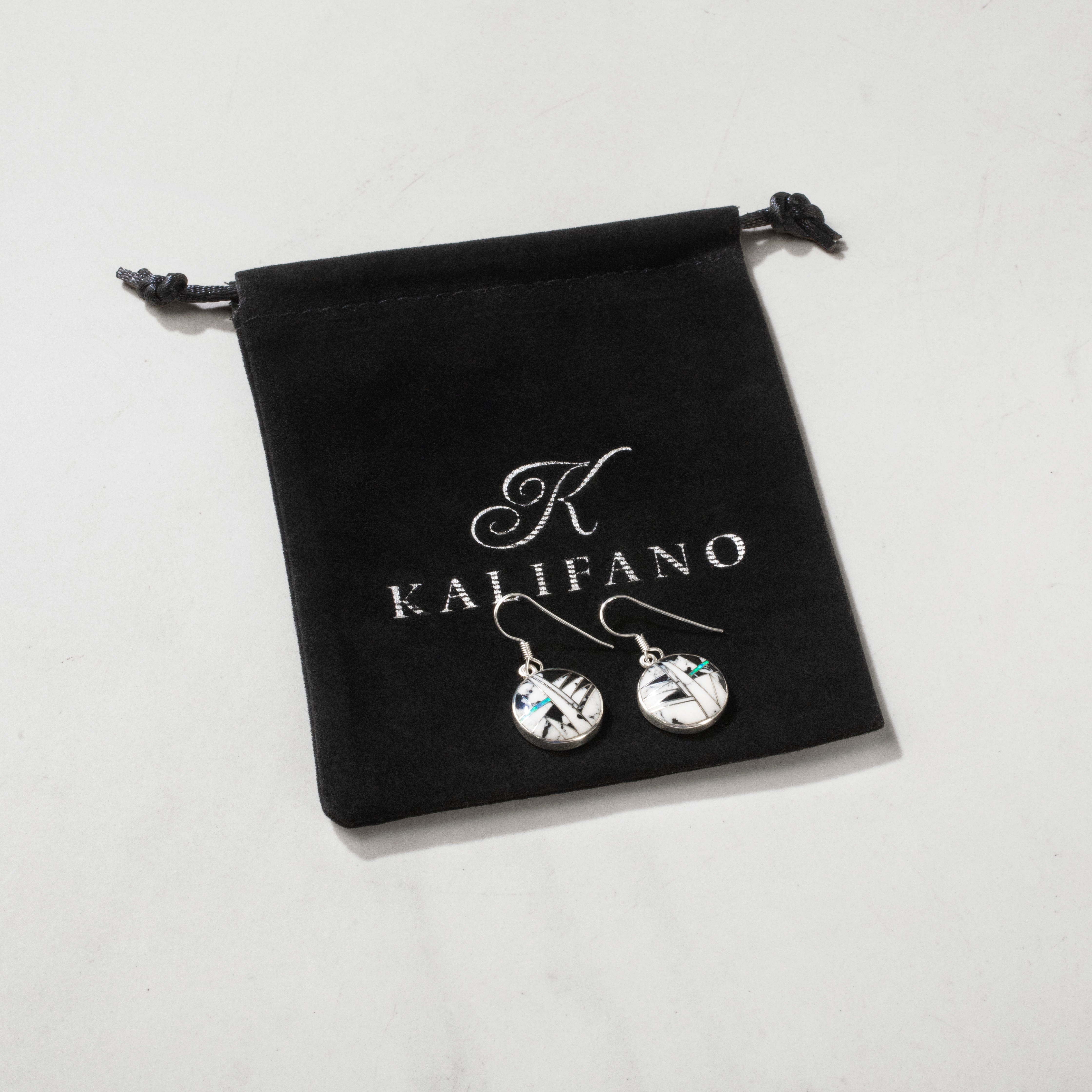 KALIFANO Southwest Silver Jewelry White Buffalo Turquoise Circular Sterling Silver Dangle Earrings with French Hook USA Handmade with Opal Accent NME.2014.WB