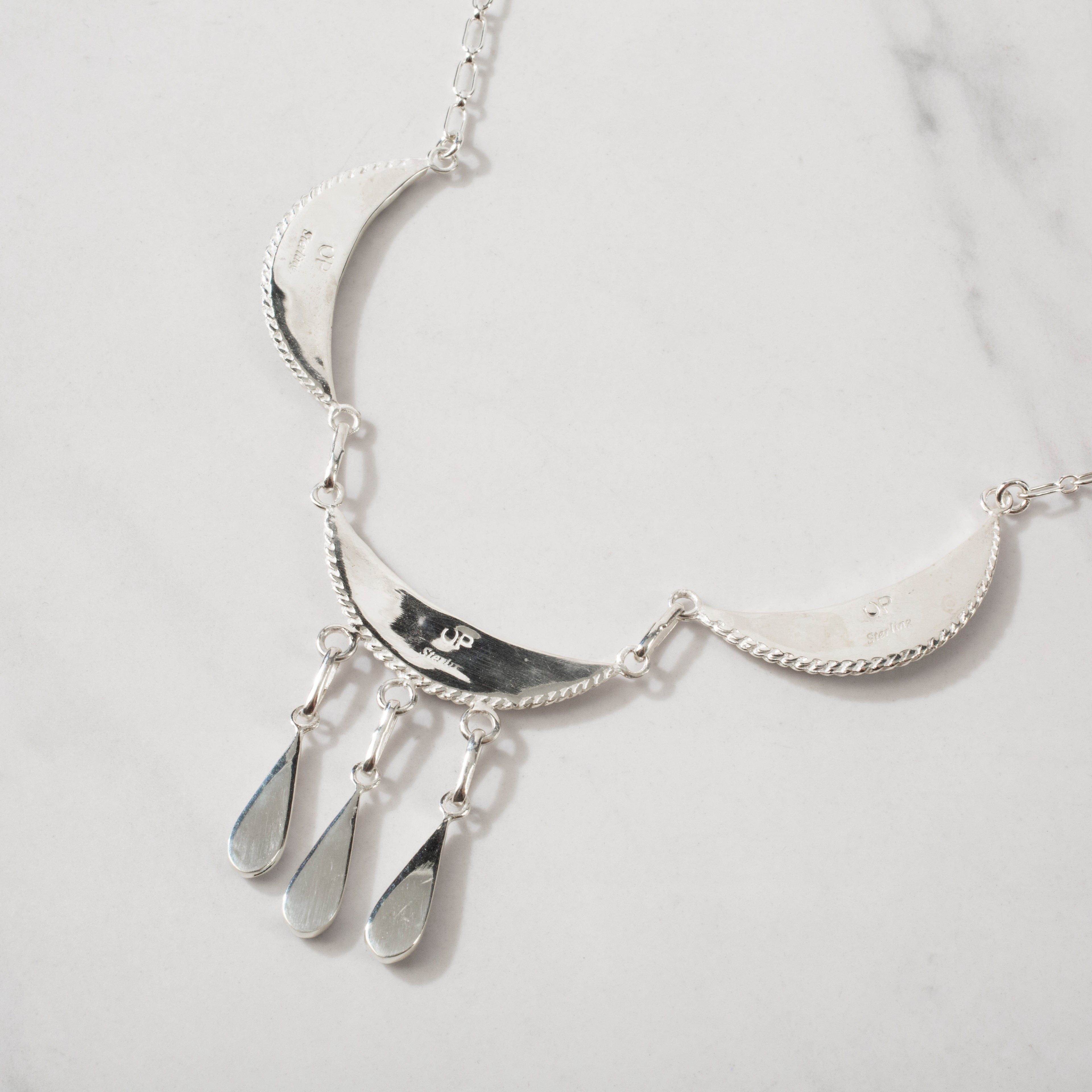 Kalifano Southwest Silver Jewelry White Buffalo Turquoise Crescent USA Handmade 925 Sterling Silver Necklace with Opal Accent NMN.0877.WB