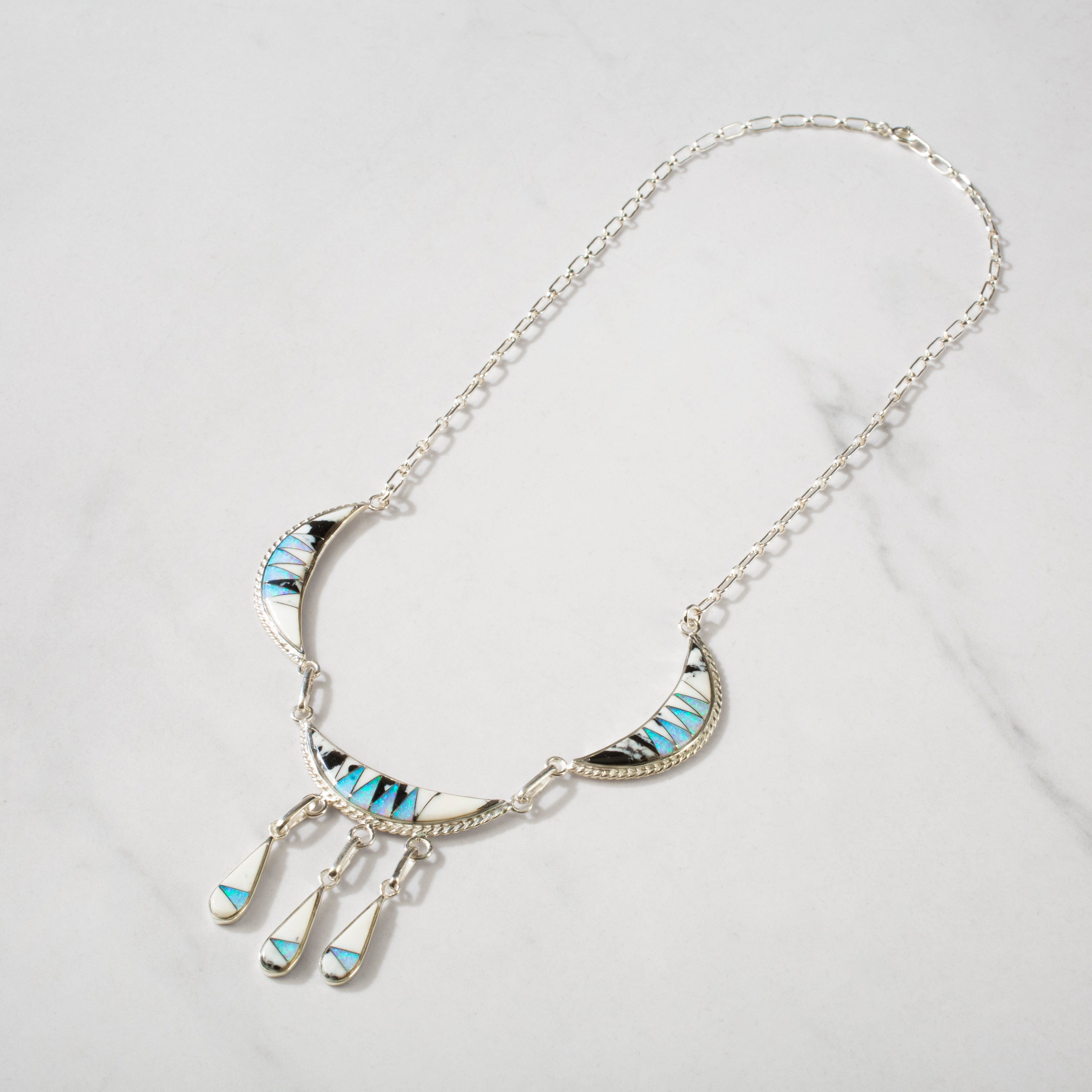 Kalifano Southwest Silver Jewelry White Buffalo Turquoise Crescent USA Handmade 925 Sterling Silver Necklace with Opal Accent NMN.0877.WB