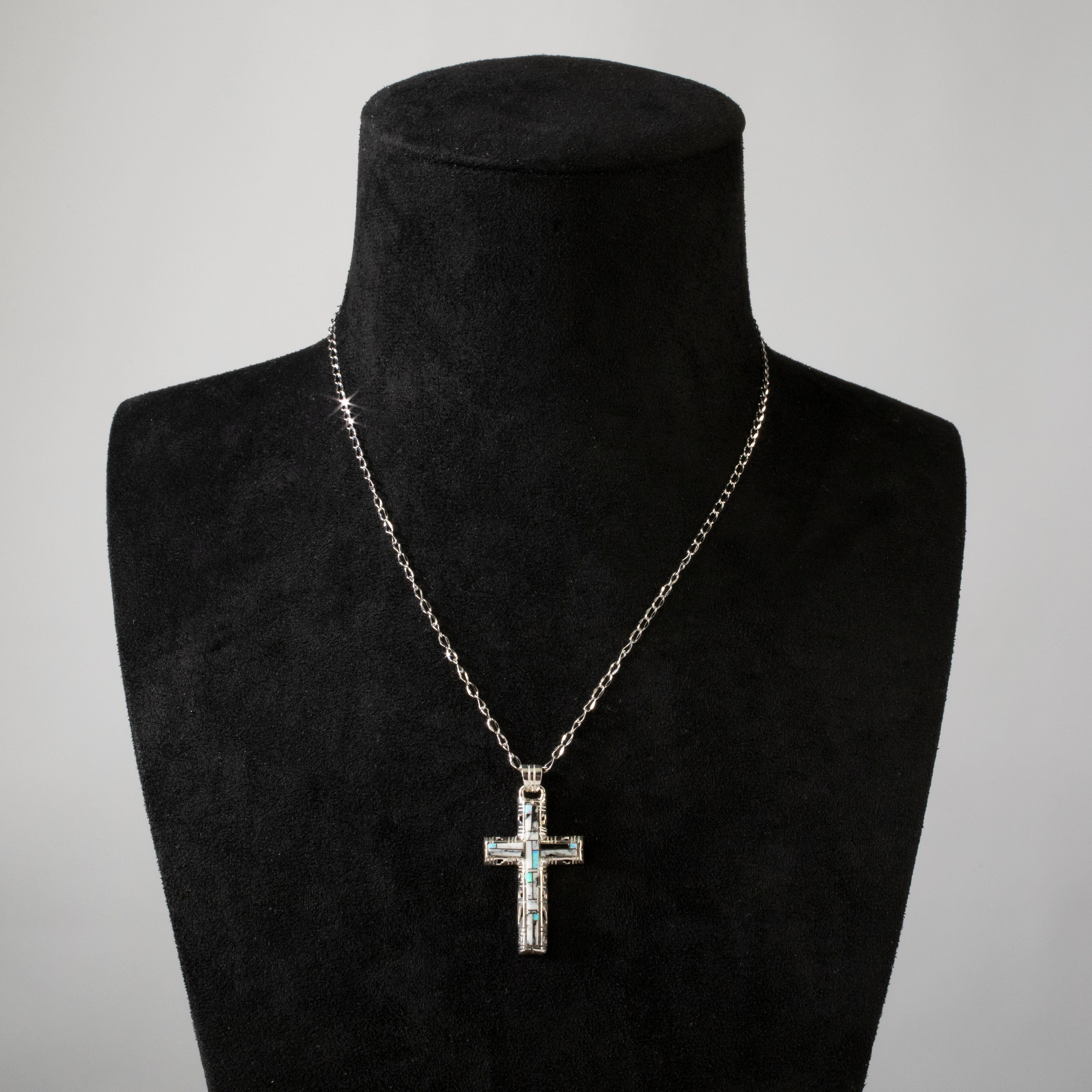 Kalifano Southwest Silver Jewelry White Buffalo Turquoise Cross 925 Sterling Silver Pendant USA Handmade with Opal Accent NMN.0587.WB