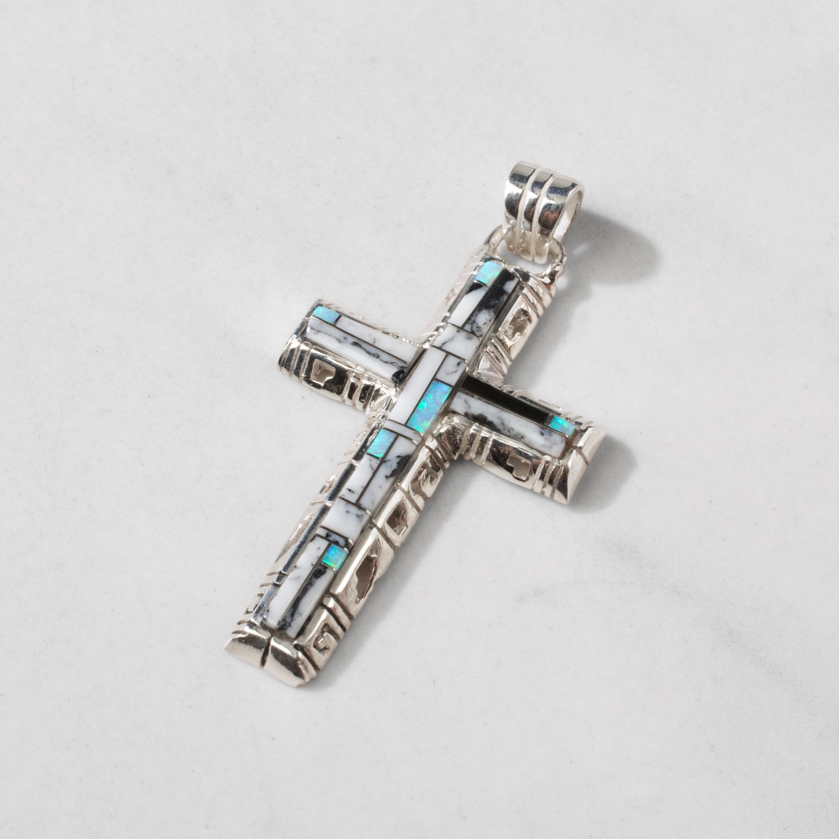 Kalifano Southwest Silver Jewelry White Buffalo Turquoise Cross 925 Sterling Silver Pendant USA Handmade with Opal Accent NMN.0587.WB