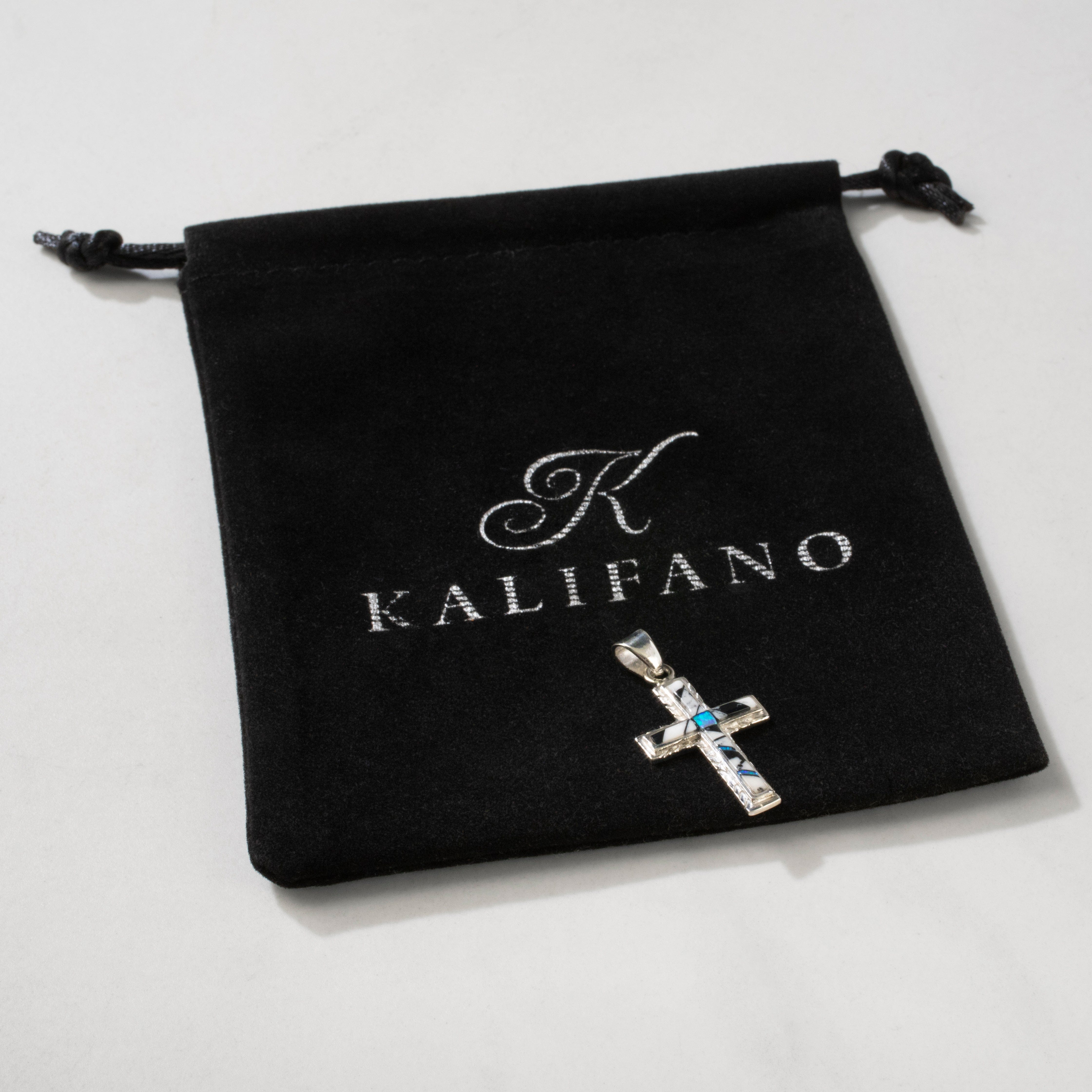 Kalifano Southwest Silver Jewelry White Buffalo Turquoise Cross 925 Sterling Silver USA Handmade Pendant with Opal Accent NMN.2054S.WB