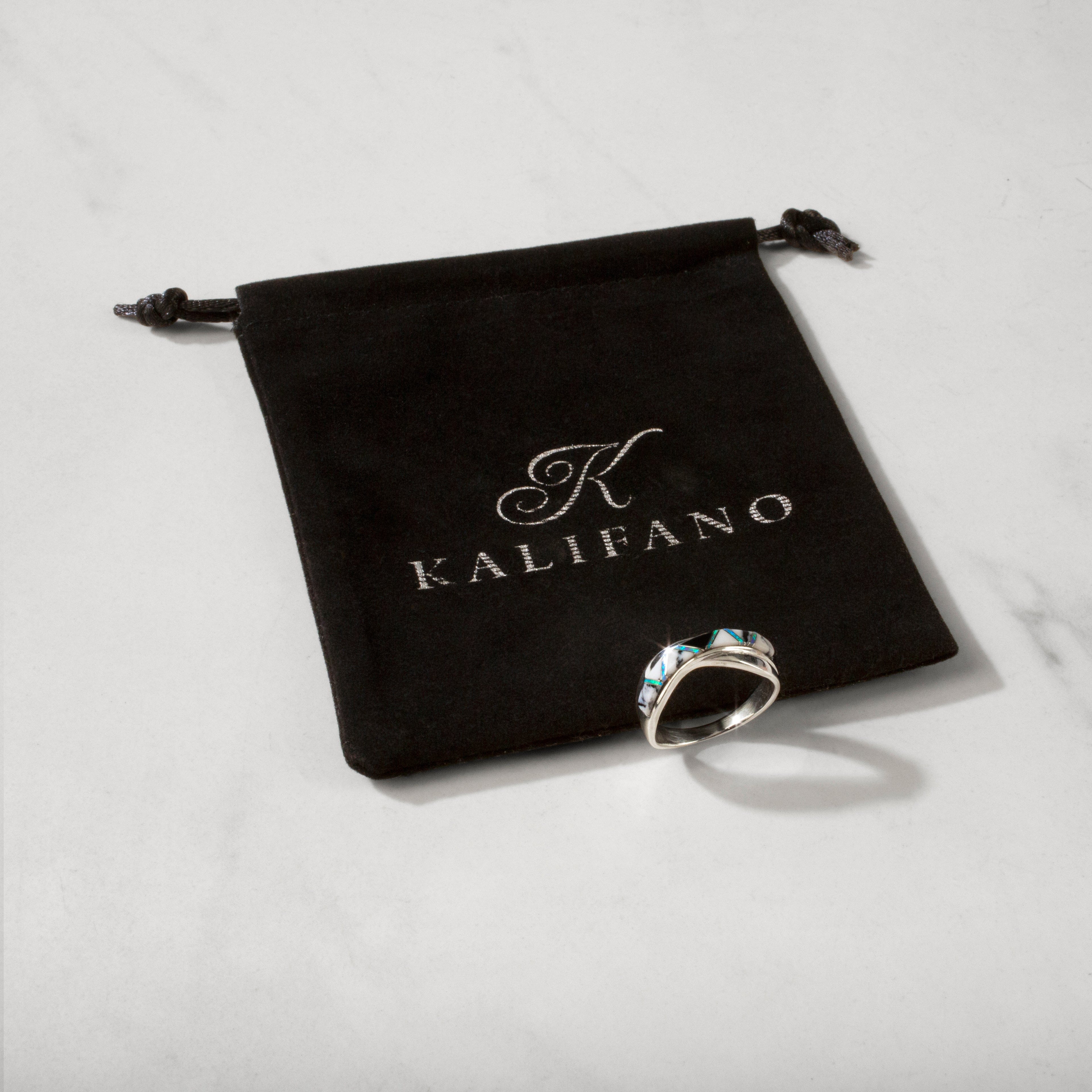 Kalifano Southwest Silver Jewelry White Buffalo Turquoise Crossover 925 Sterling Silver Ring USA Handmade with Laboratory Opal Accent
