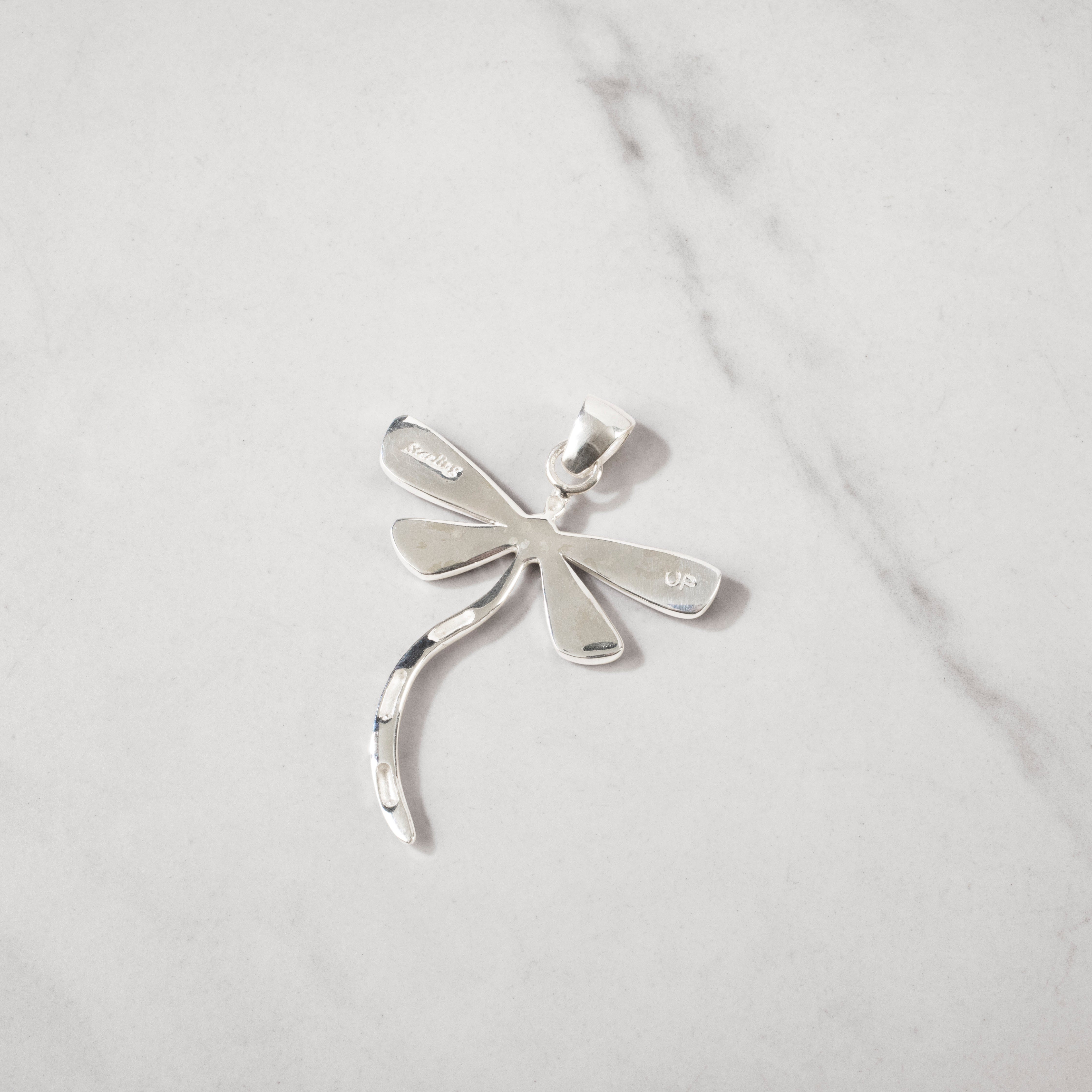 Kalifano Southwest Silver Jewelry White Buffalo Turquoise Dragonfly 925 Sterling Silver USA Handmade Pendant with Pink Opal Accent NMN.0893.WB