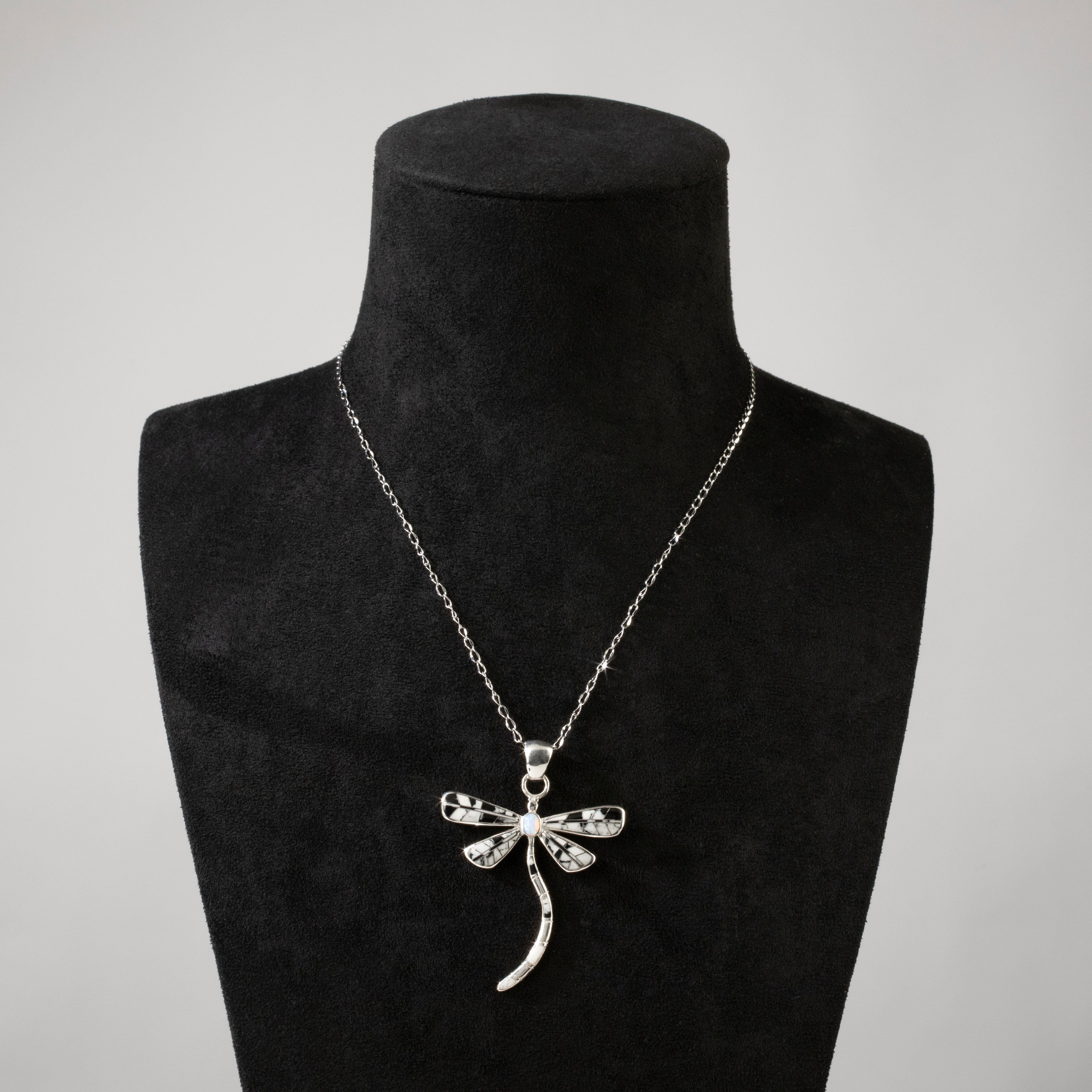 Kalifano Southwest Silver Jewelry White Buffalo Turquoise Dragonfly 925 Sterling Silver USA Handmade Pendant with Pink Opal Accent NMN.0893.WB