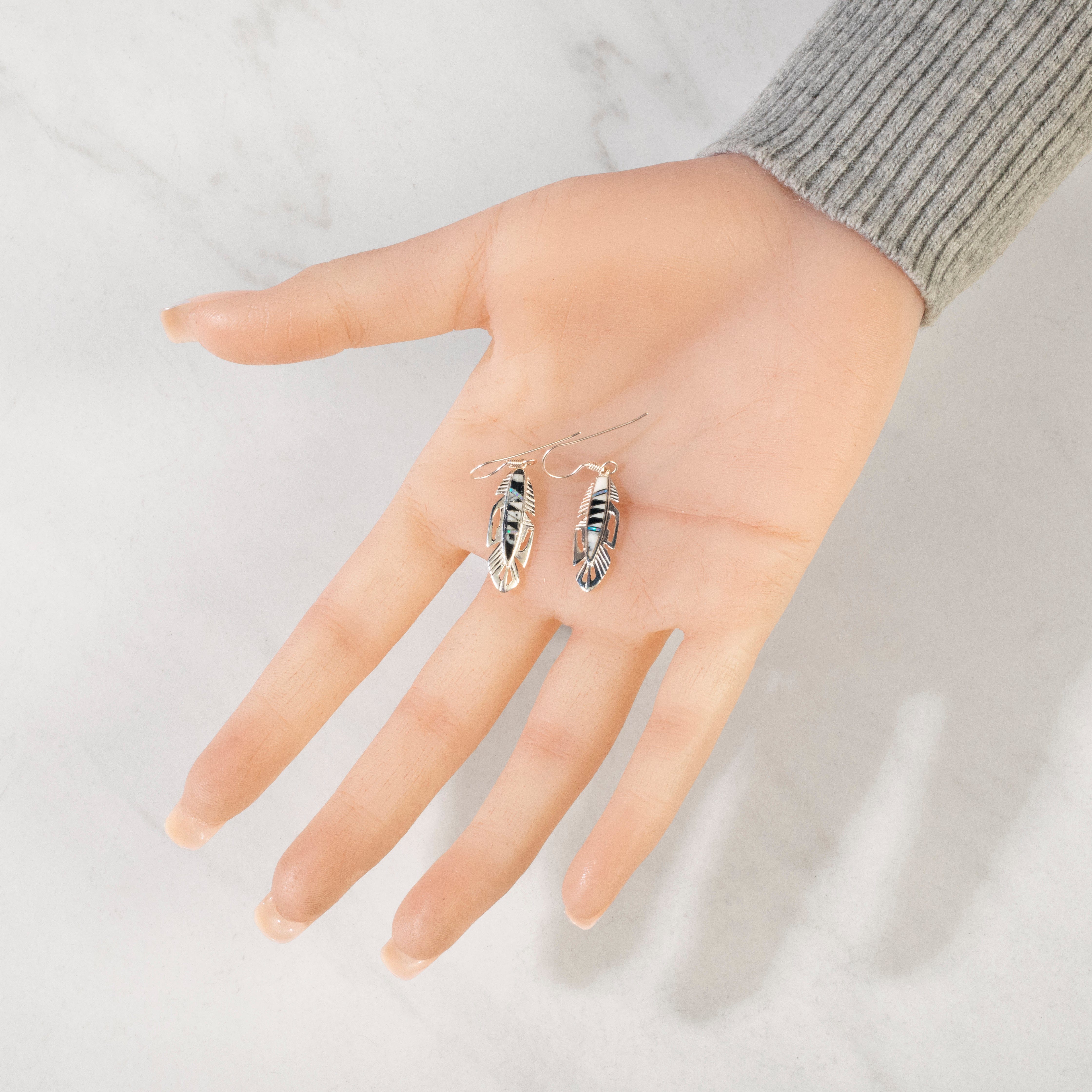 Kalifano Southwest Silver Jewelry White Buffalo Turquoise Feather 925 Sterling Silver USA Handmade Earring with French Hook NME.2113.WB