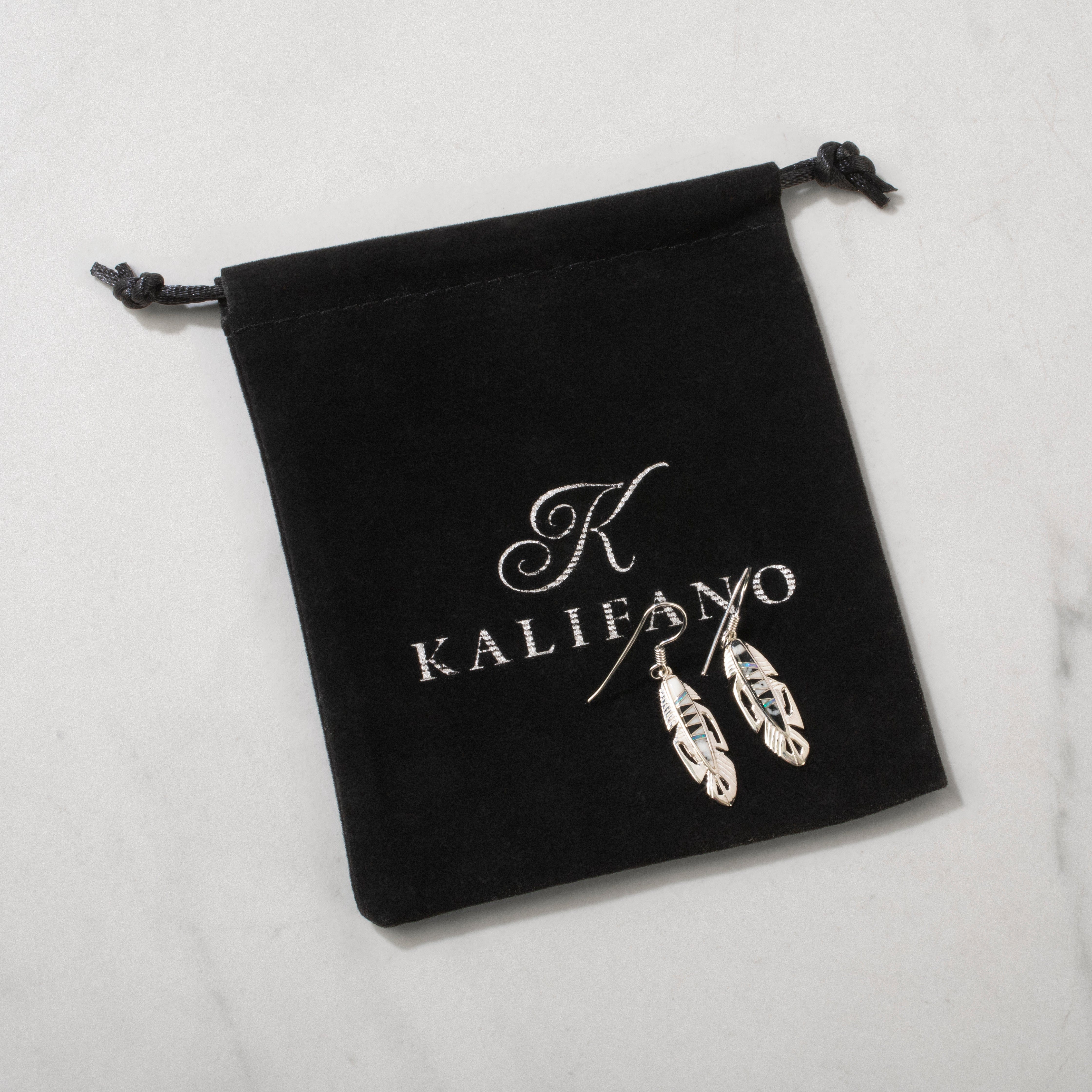 Kalifano Southwest Silver Jewelry White Buffalo Turquoise Feather 925 Sterling Silver USA Handmade Earring with French Hook NME.2113.WB