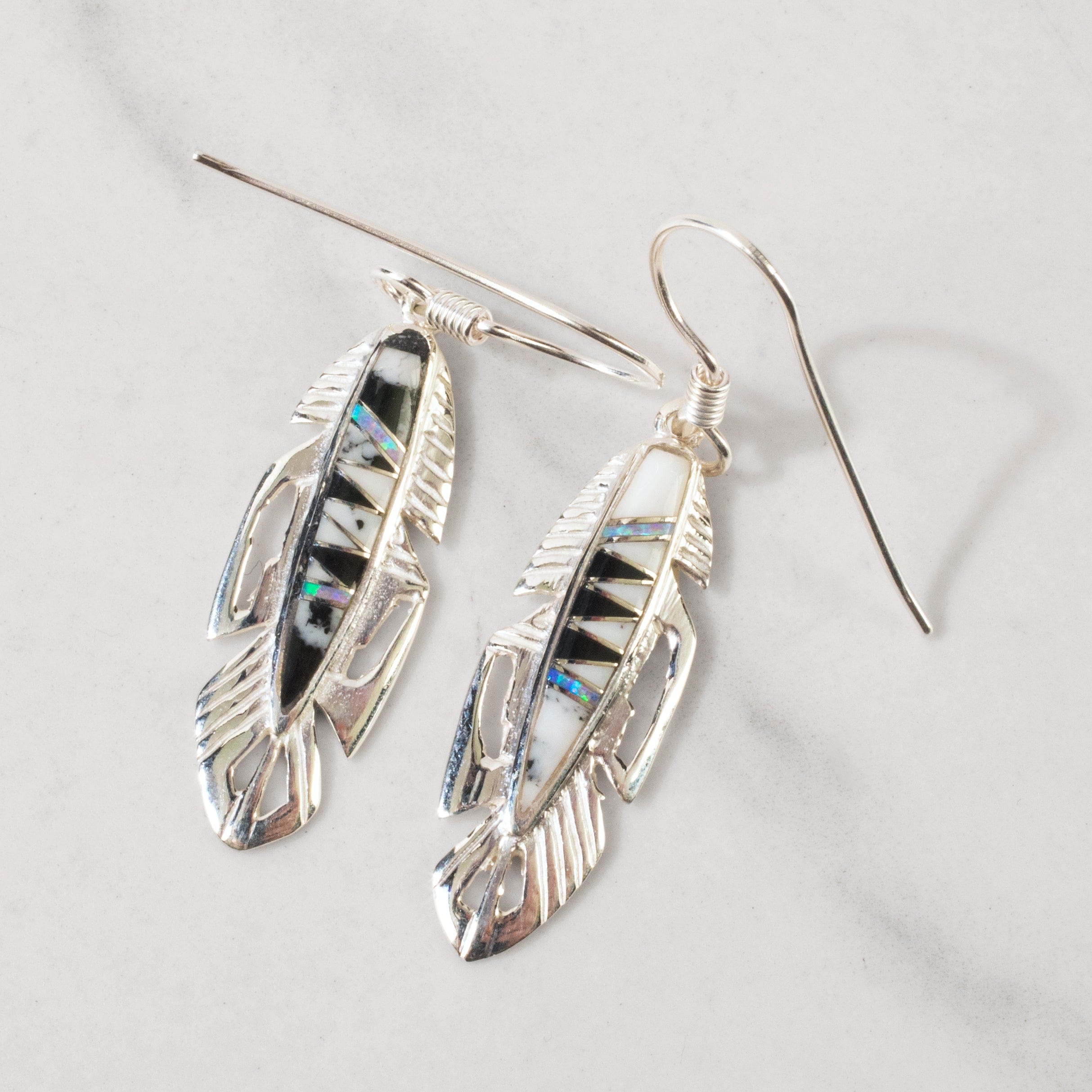 Kalifano Southwest Silver Jewelry White Buffalo Turquoise Feather 925 Sterling Silver USA Handmade Earring with French Hook NME.2113.WB