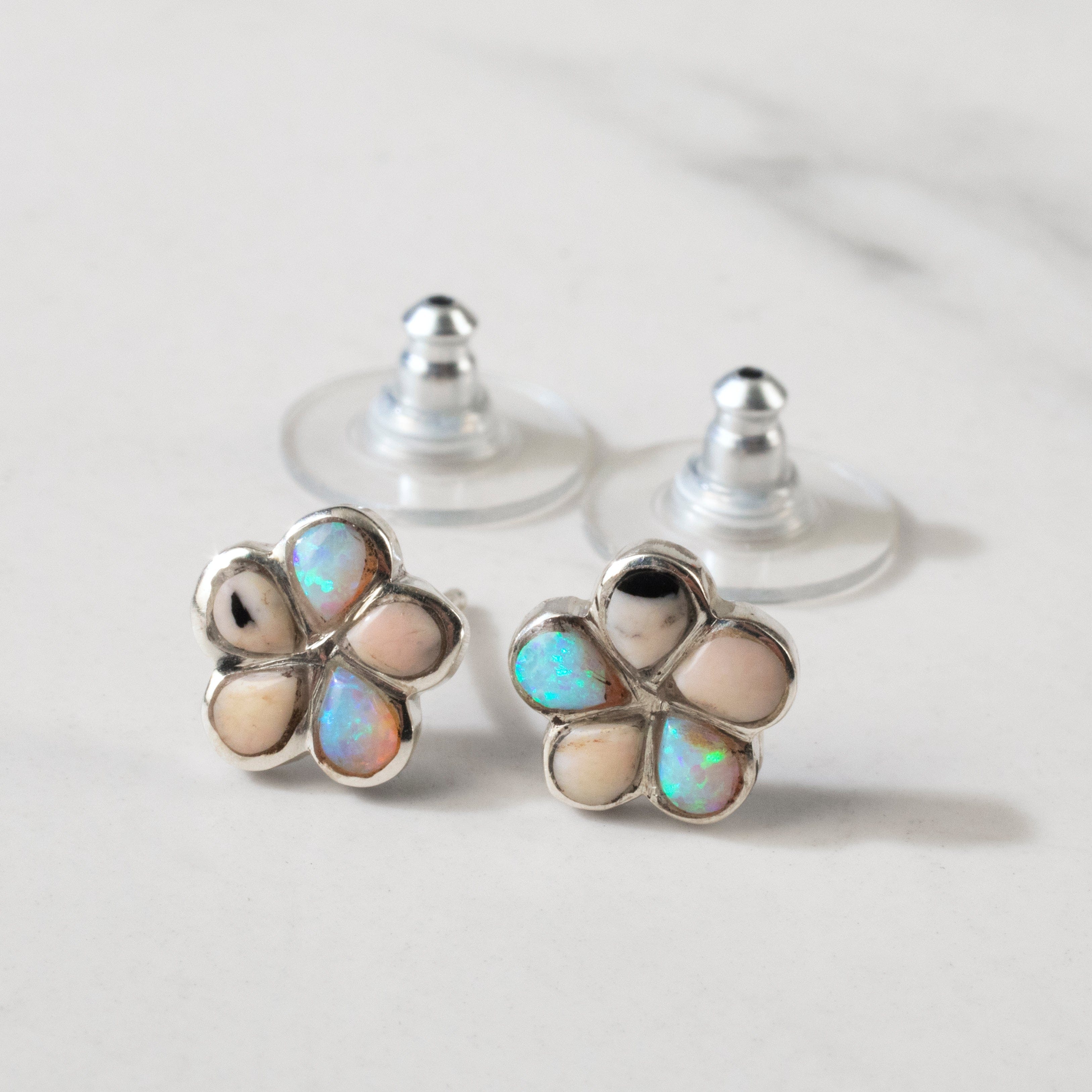 Kalifano Southwest Silver Jewelry White Buffalo Turquoise Flower 925 Sterling Silver USA Handmade Earring with Stud Backing NME.2239.WB