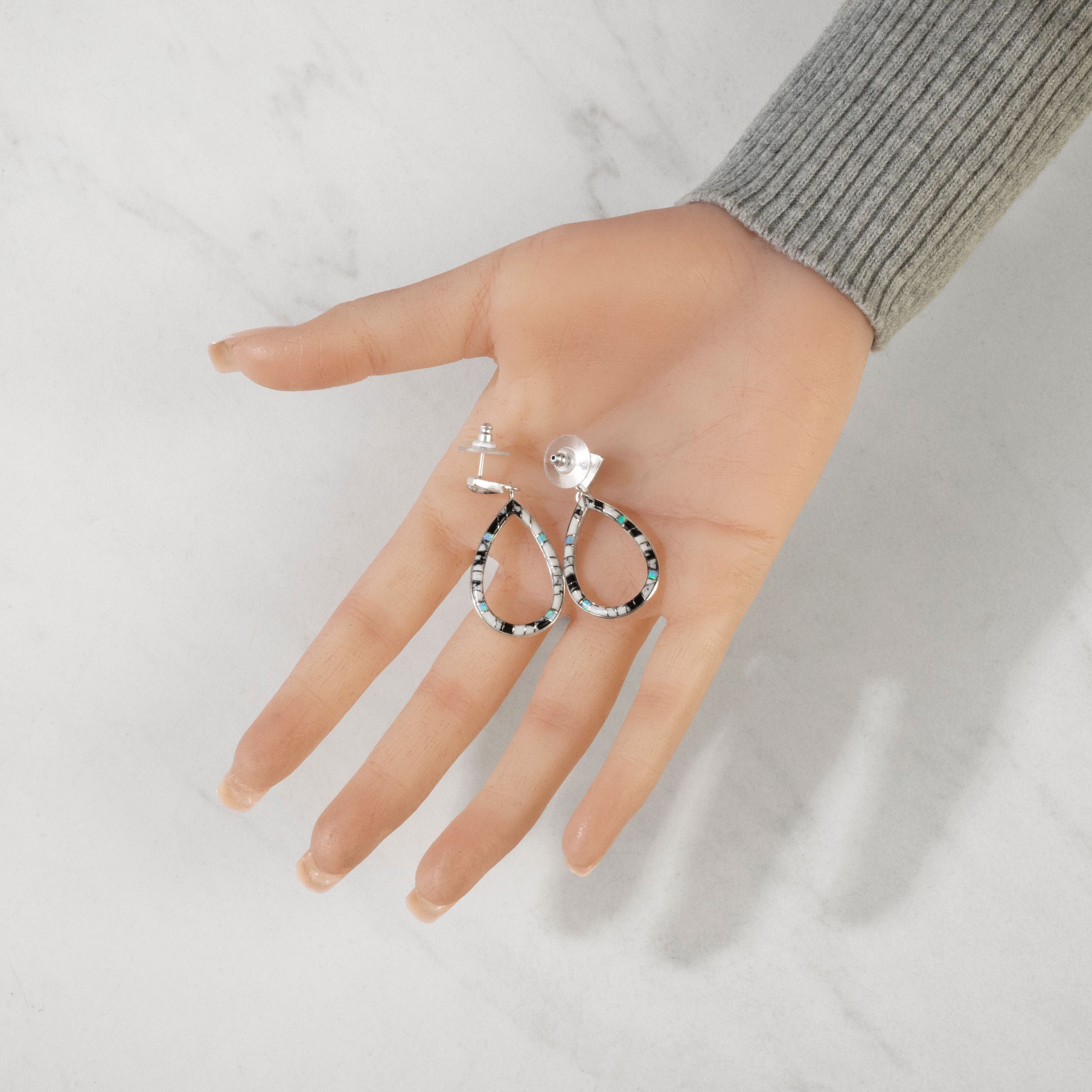 Kalifano Southwest Silver Jewelry White Buffalo Turquoise Hollow Teardrop 925 Sterling Silver USA Handmade Earrings with Stud Backing NME.2295.WB