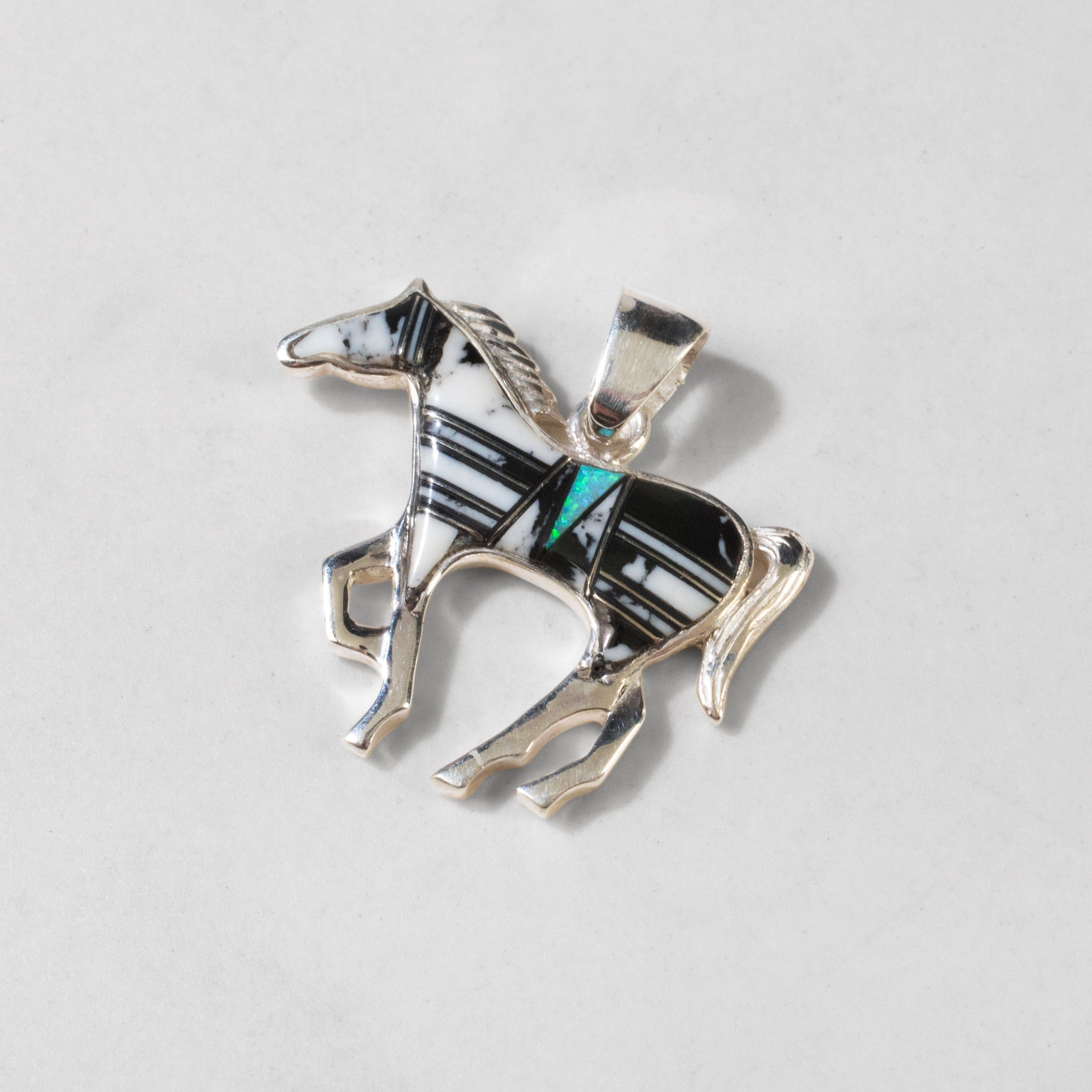 Kalifano Southwest Silver Jewelry White Buffalo Turquoise Horse USA Handmade 925 Sterling Silver Pendant with Opal Accent NMN.1089.WB
