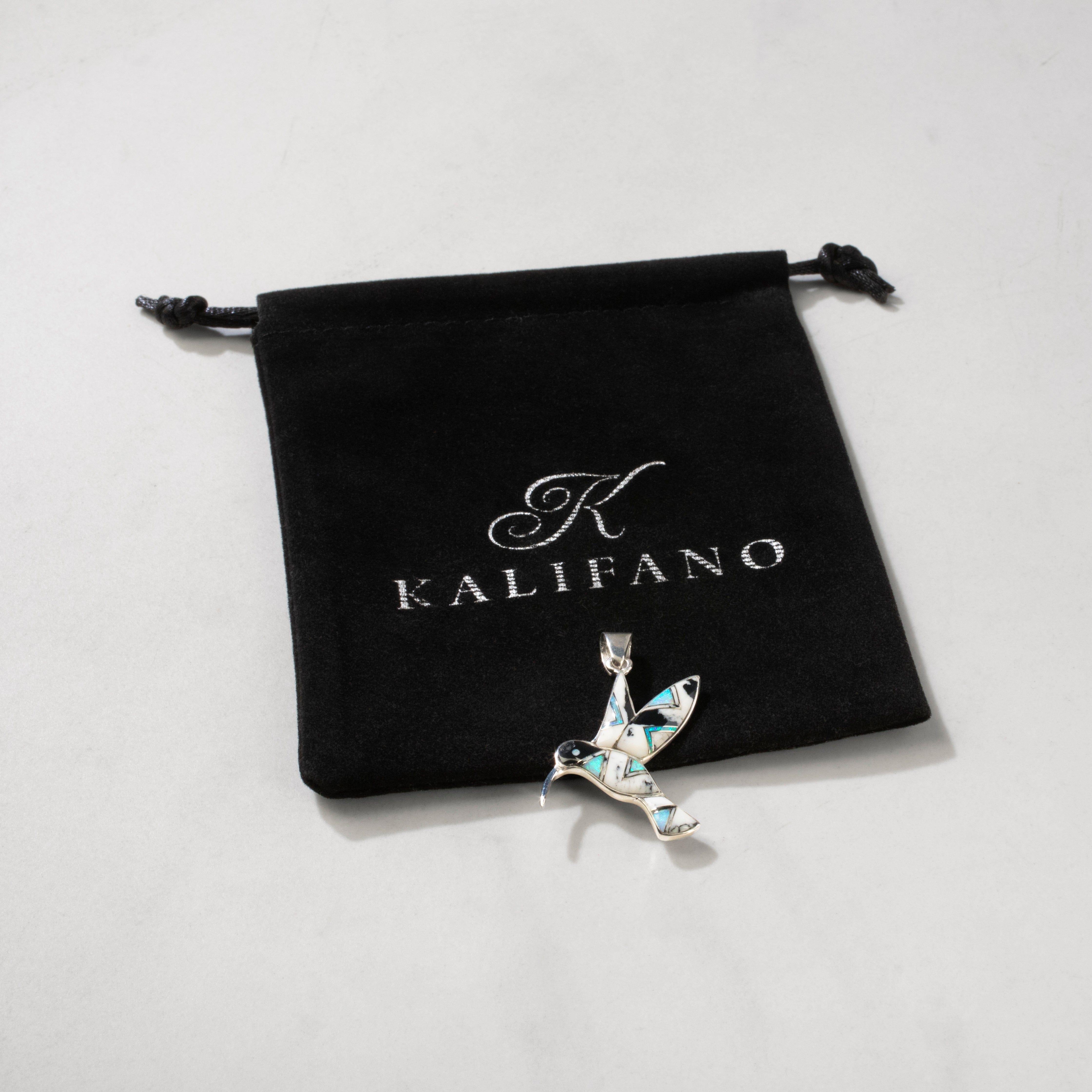 Kalifano Southwest Silver Jewelry White Buffalo Turquoise Hummingbird 925 Sterling Silver Pendant USA Handmade with Opal Accent NMN.2323.WB