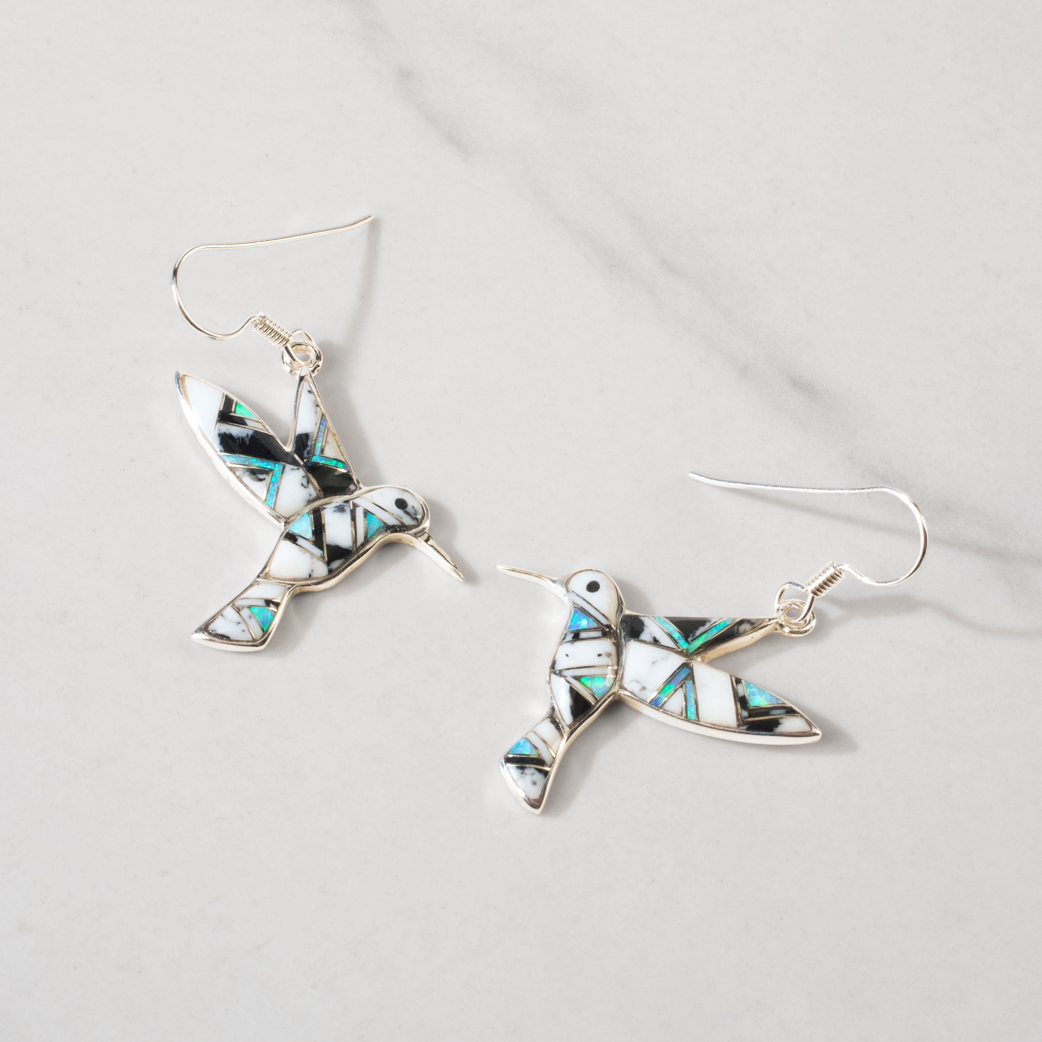 Kalifano Southwest Silver Jewelry White Buffalo Turquoise Hummingbird 925 Sterling Silver USA Handmade Earrings with French Hook NME.2323.WB