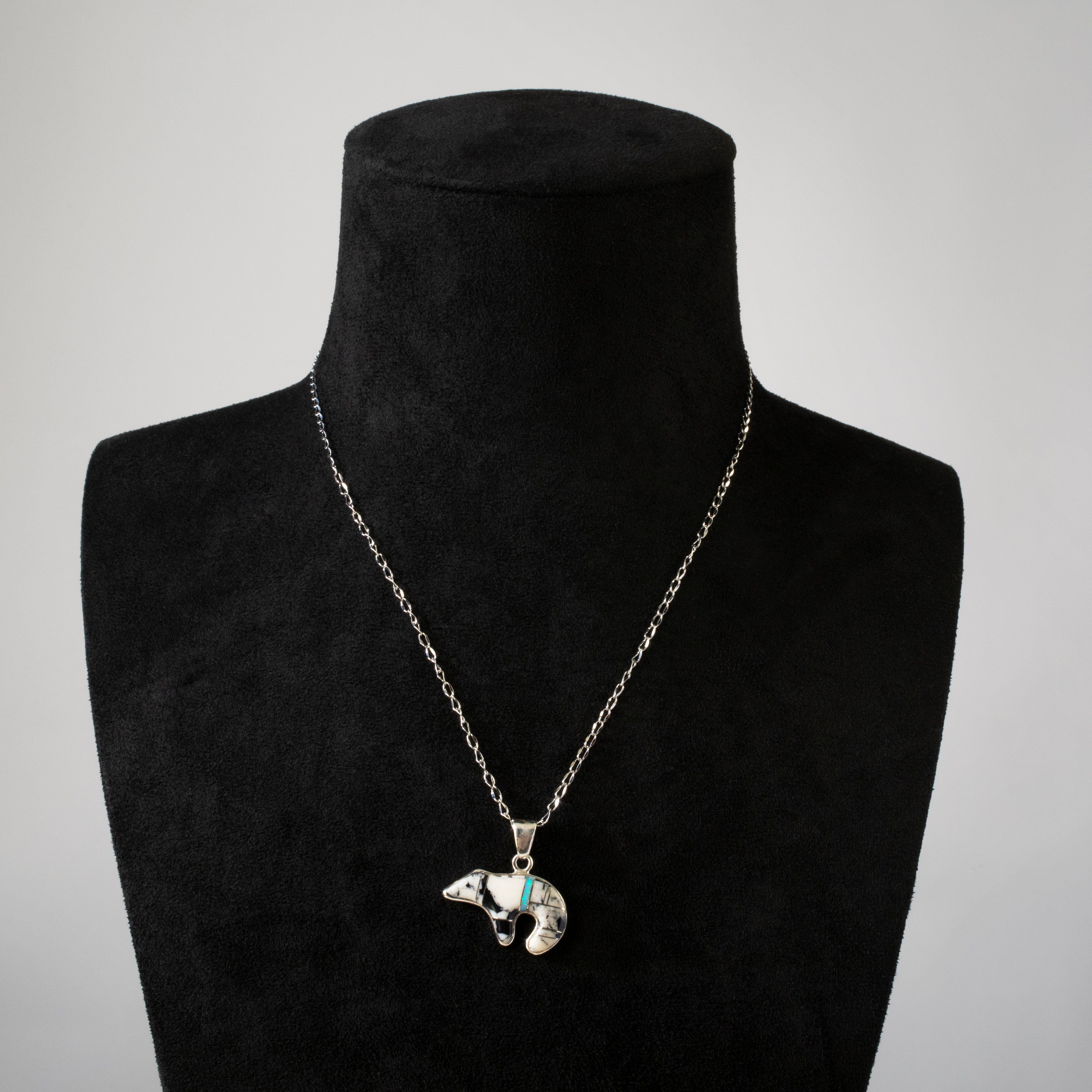Kalifano Southwest Silver Jewelry White Buffalo Turquoise & Opal Bear USA Handmade 925 Sterling Silver Pendant NMN.0471.WB