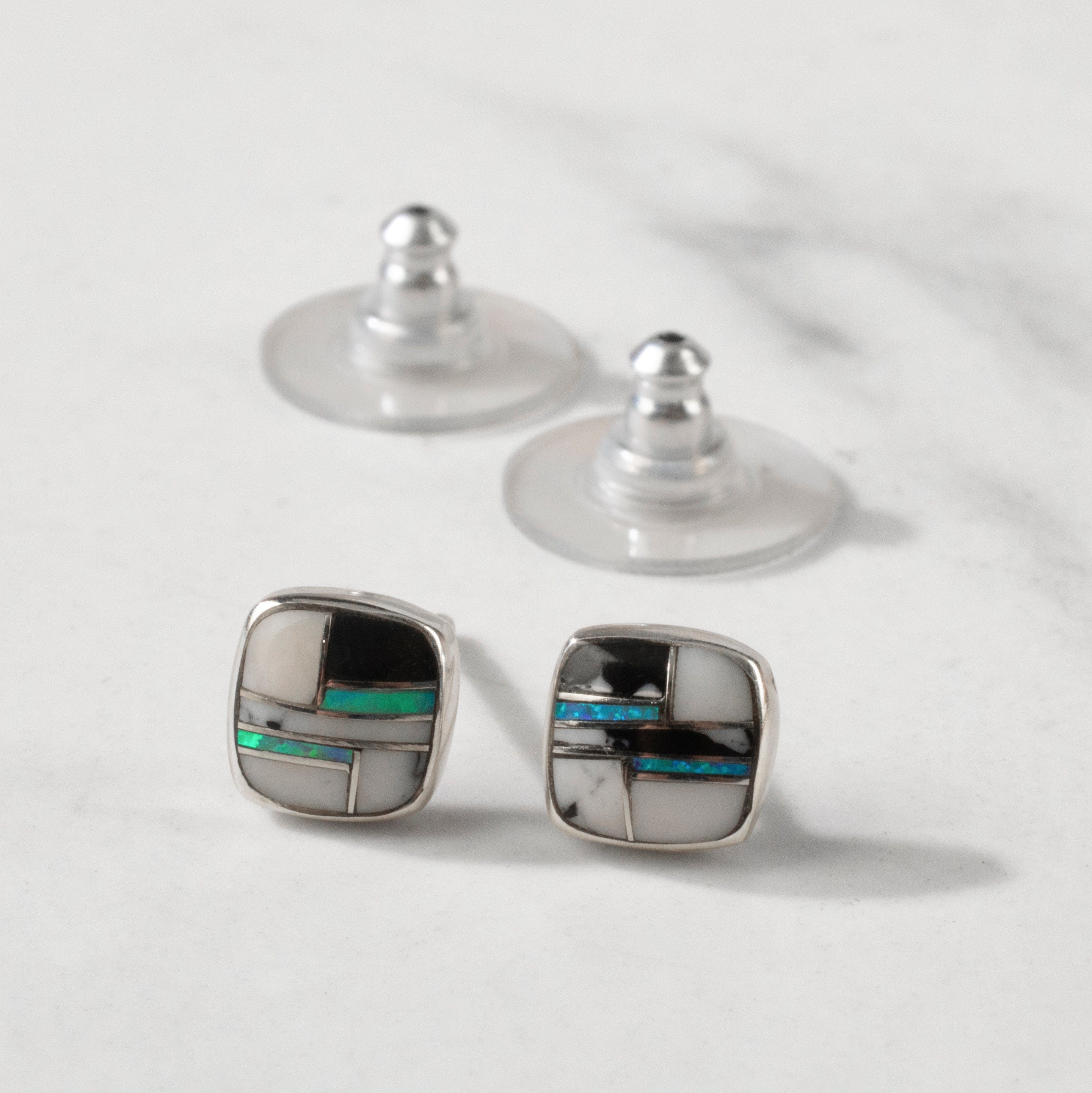 Kalifano Southwest Silver Jewelry White Buffalo Turquoise Square 925 Sterling Silver USA Handmade Earring with Stud Backing NME.2241.WB