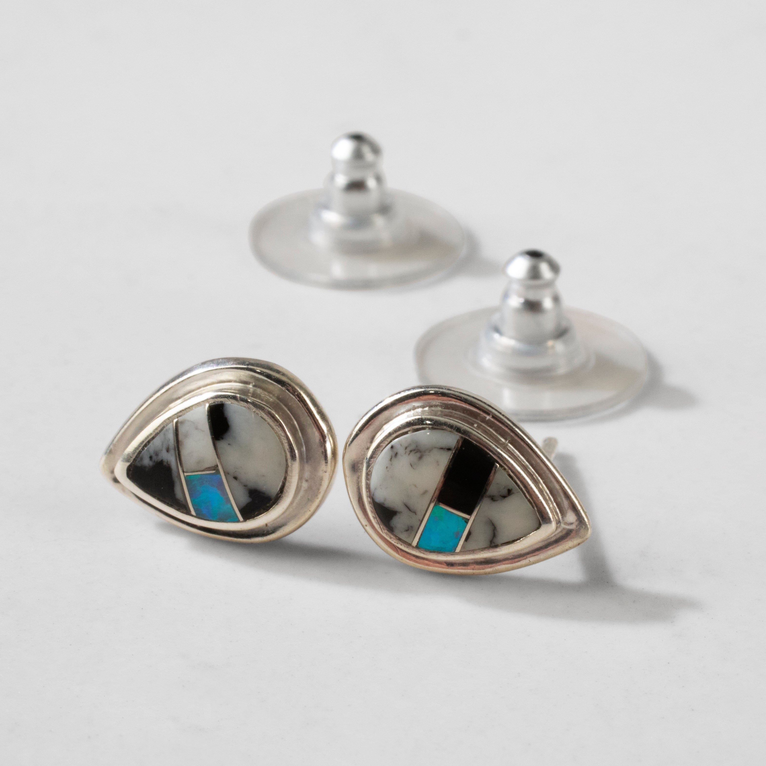 Kalifano Southwest Silver Jewelry White Buffalo Turquoise Teardrop 925 Sterling Silver Earring with Stud Backing USA Handmade with Opal Accent NME.0386.WB