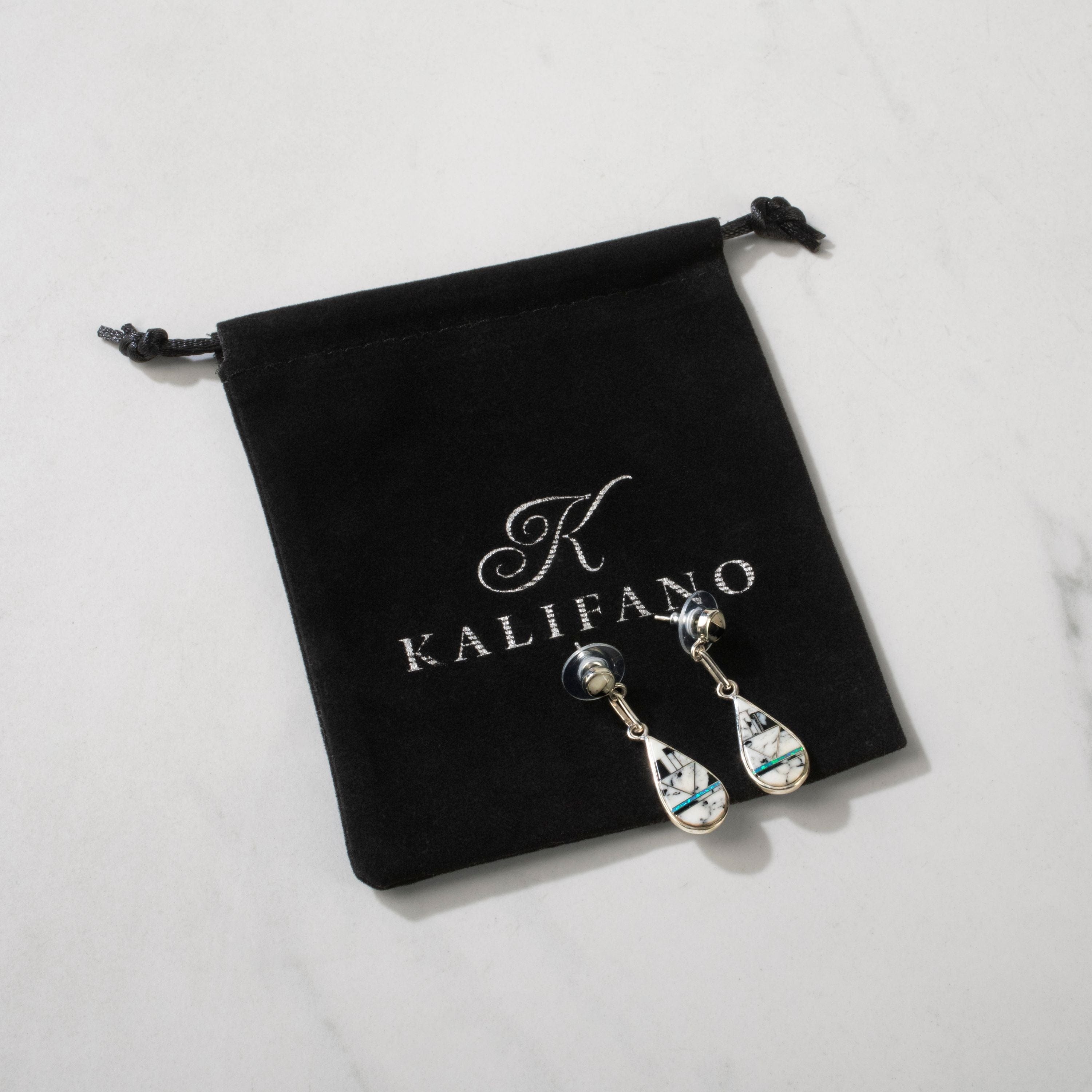 Kalifano Southwest Silver Jewelry White Buffalo Turquoise Teardrop Dangle USA Handmade 925 Sterling Silver Earrings with Stud Backing NME.2265.WB