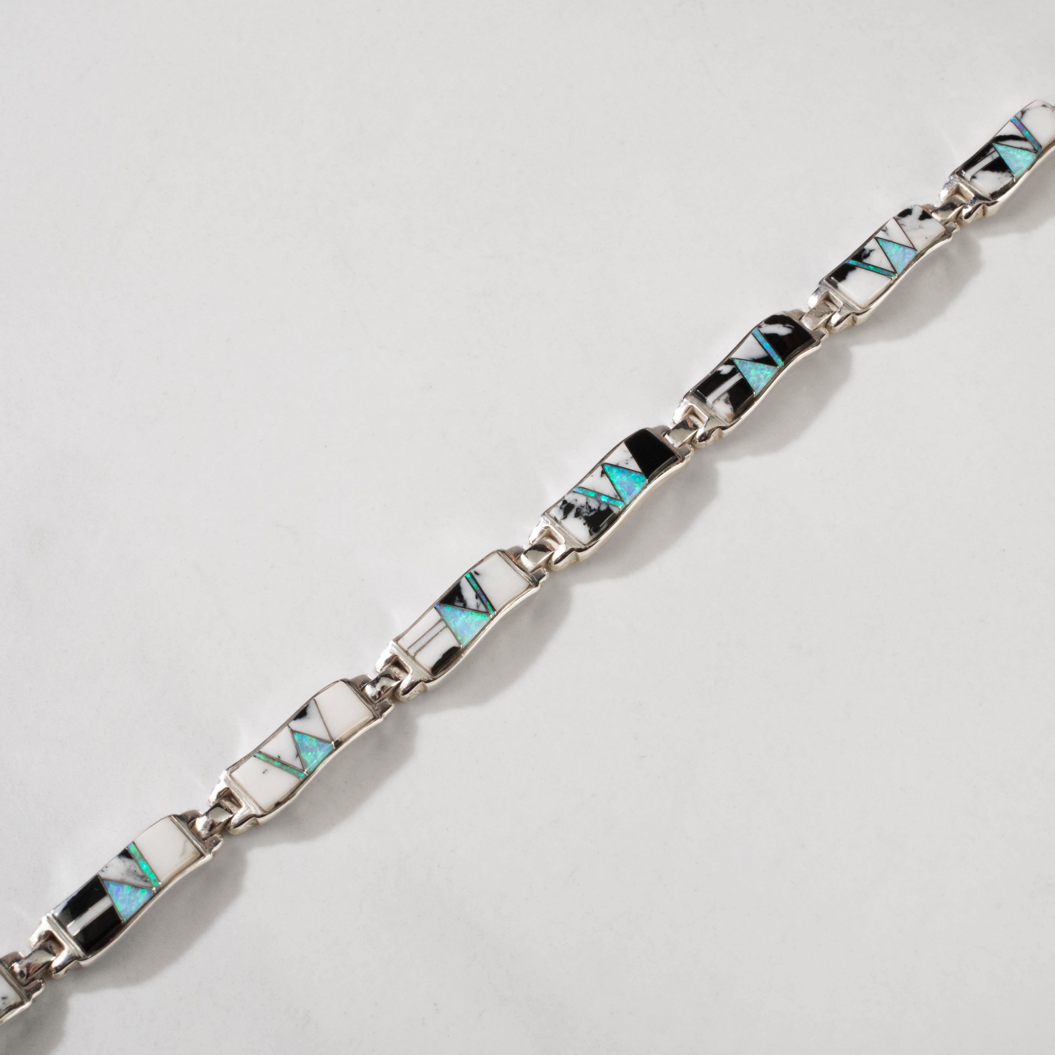 Kalifano Southwest Silver Jewelry White Buffalo Turquoise Wavy 925 Sterling Silver Bracelet USA Handmade with Opal Accent NMB.0764.WB
